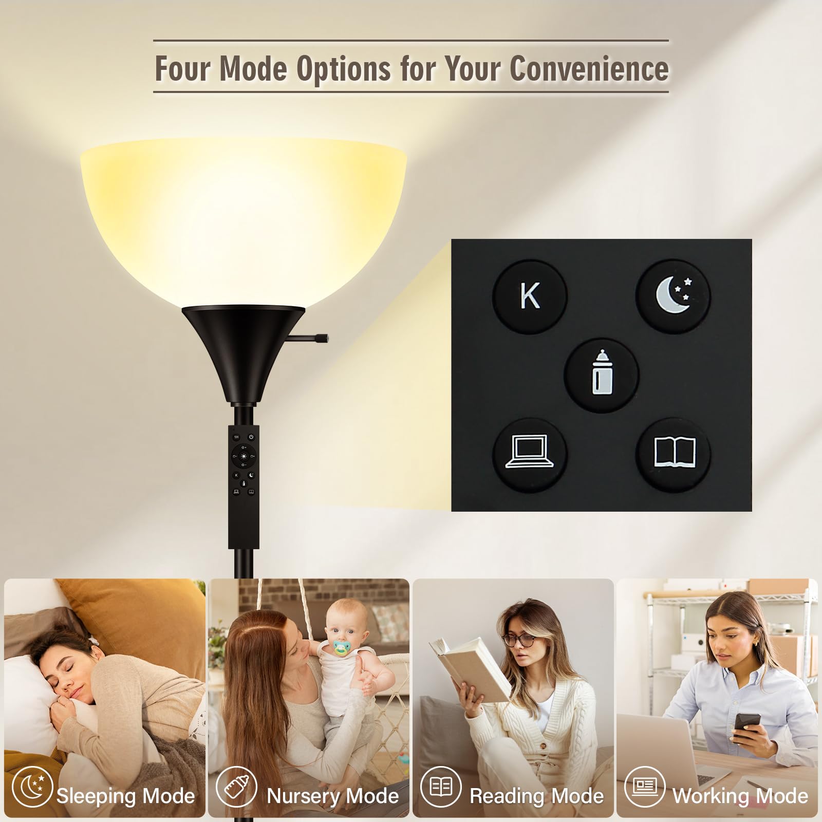 Bricosmocon floor lamp shade softens light for comfortable evening reading.