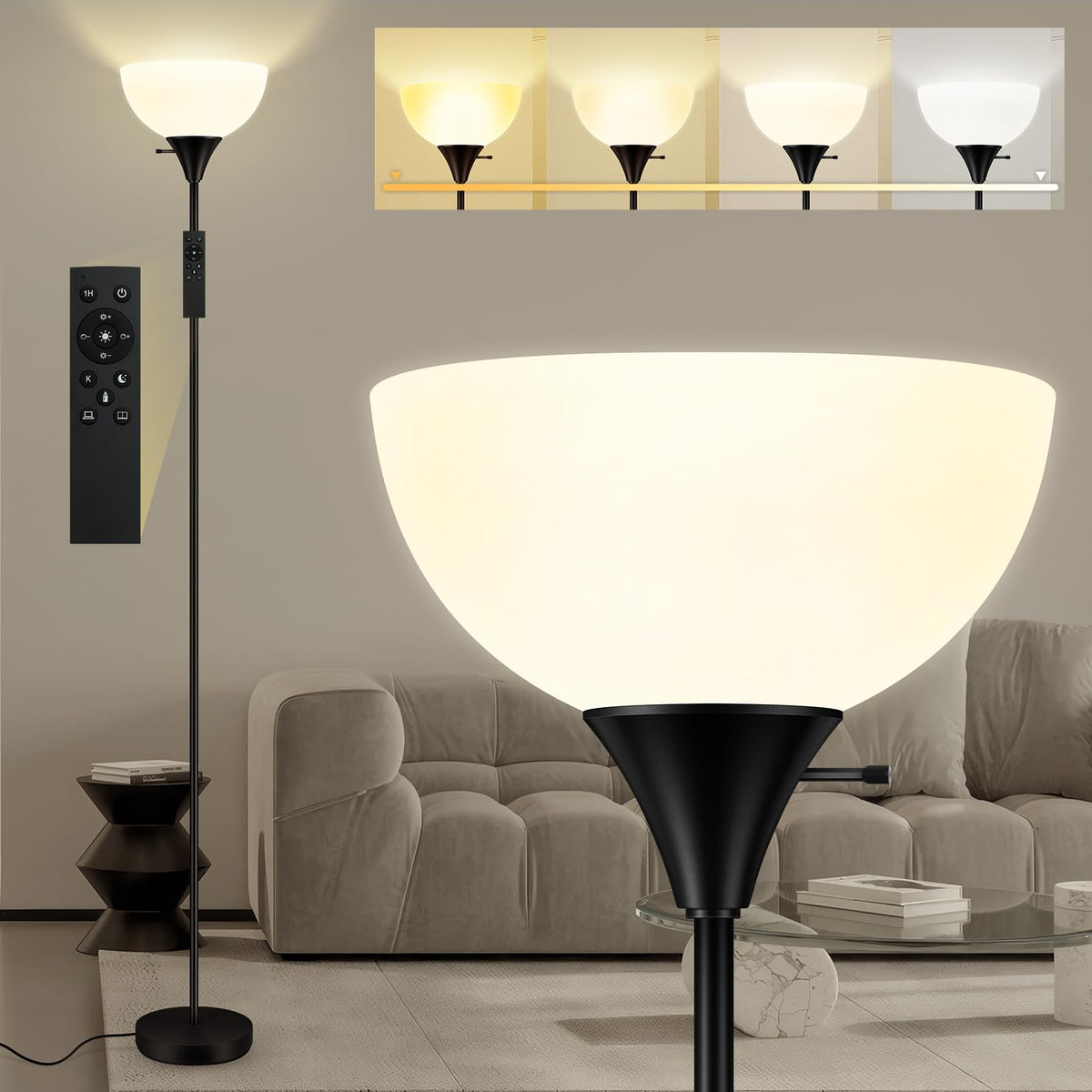 Bricosmocon torchiere floor lamp towers at 71 inches for expansive living room illumination.