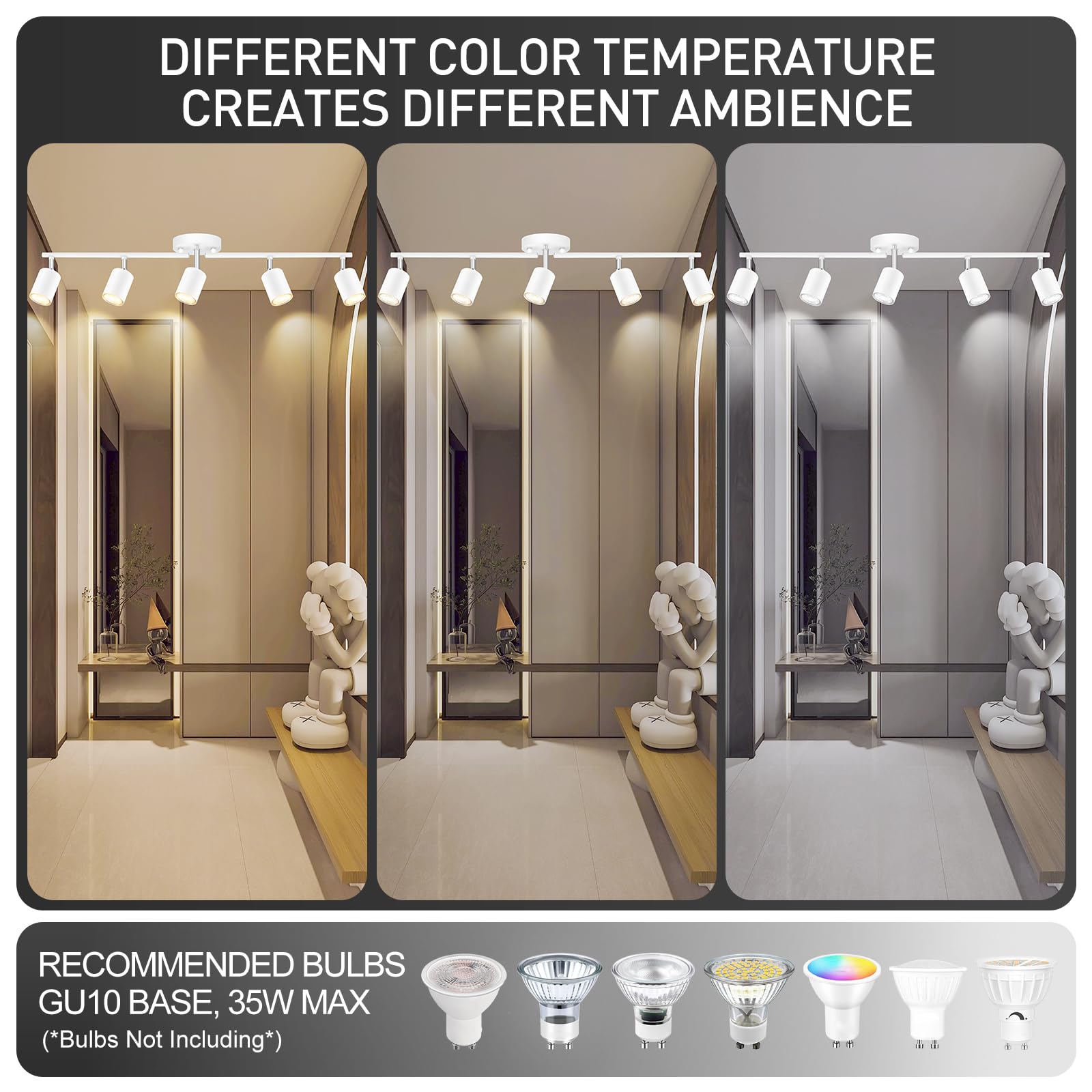 Bricosmocon GU10 base bulbs compatible with LEDs, CFLs, or halogens.