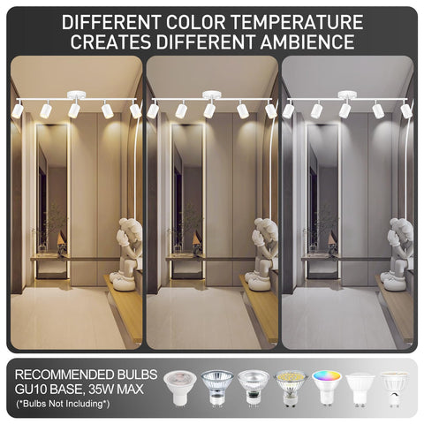 Bricosmocon GU10 base bulbs compatible with LEDs, CFLs, or halogens.