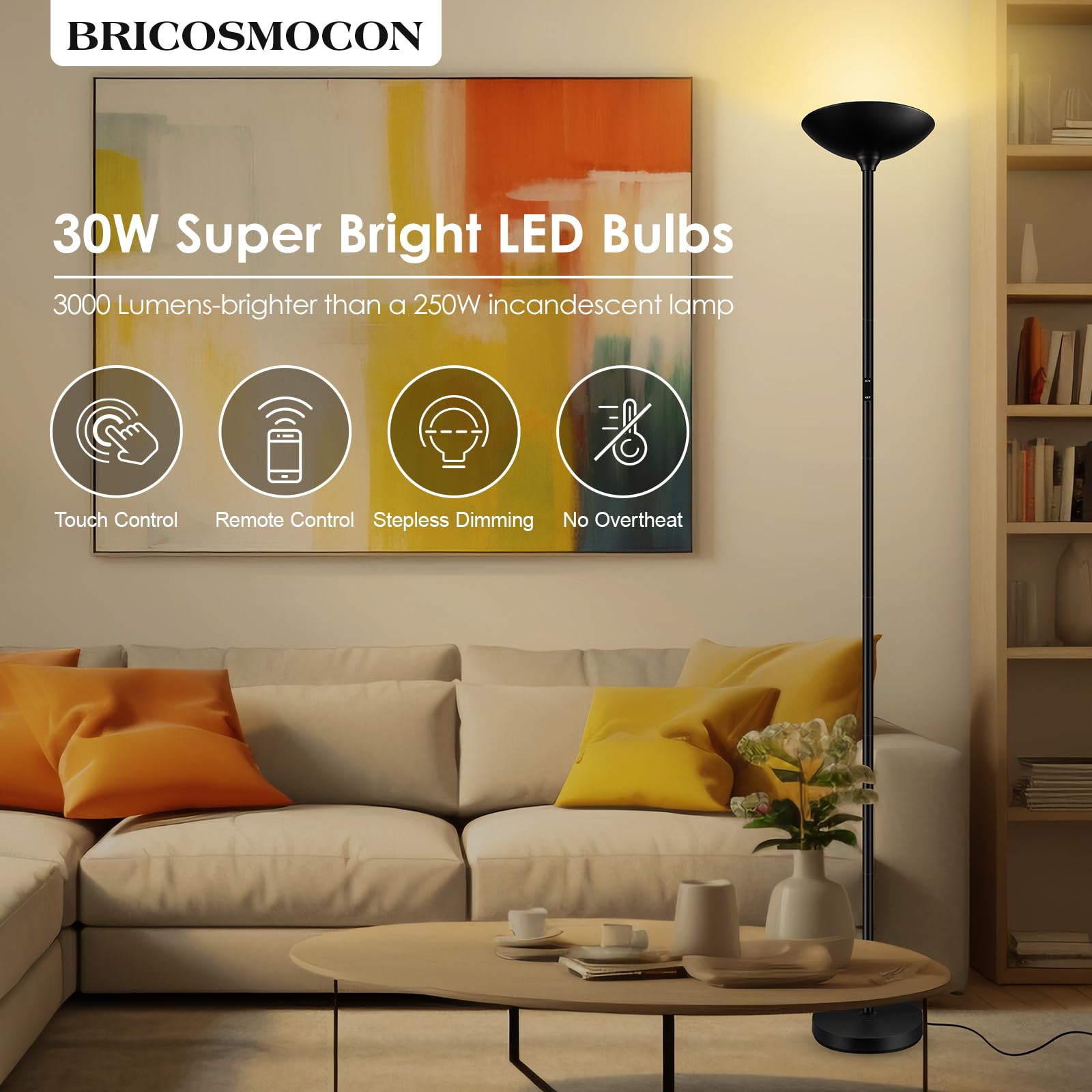 Bricosmocon lamp with touch control panel for quick light customization.