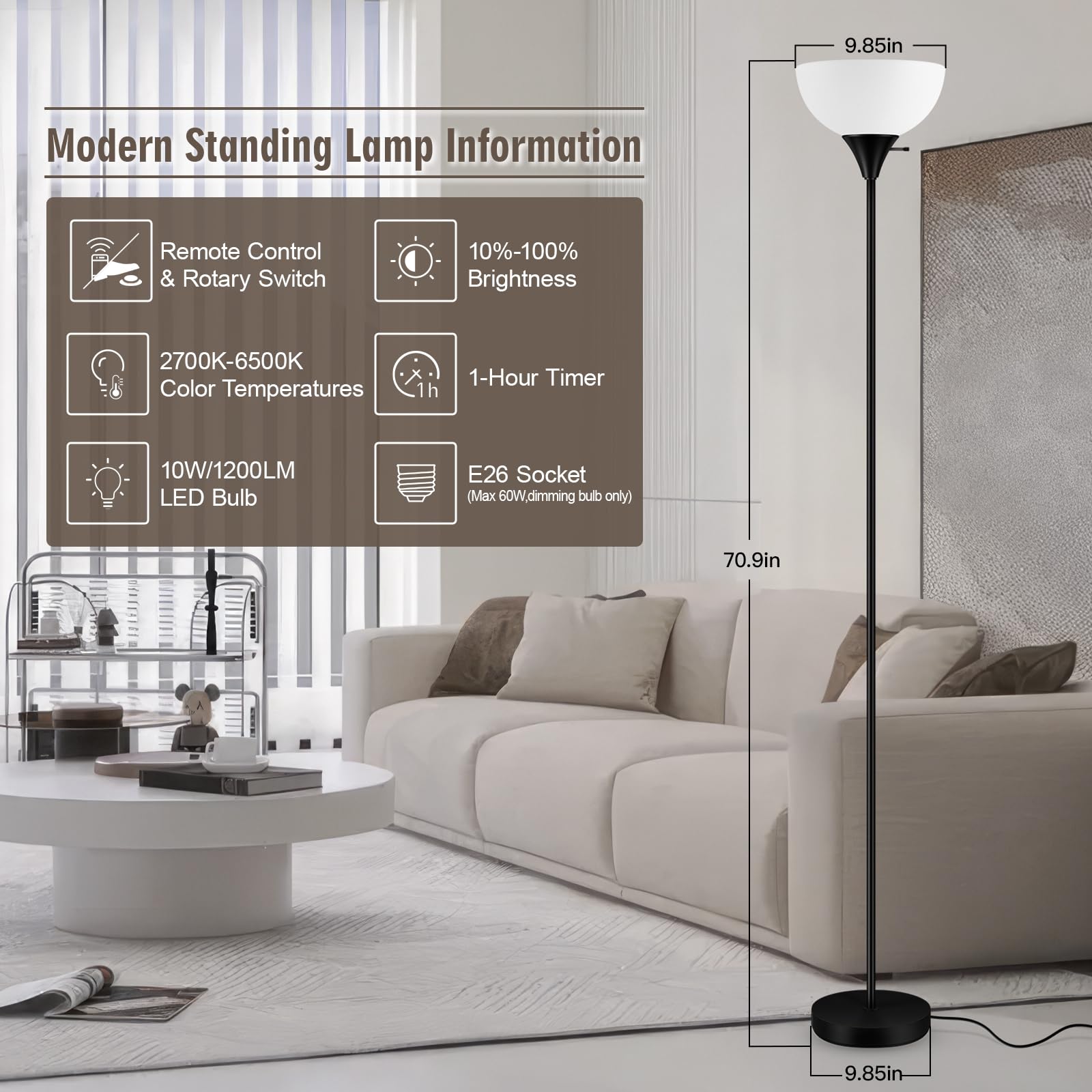 Bricosmocon torchiere lamp offers stepless dimming from 10% to 100% brightness.