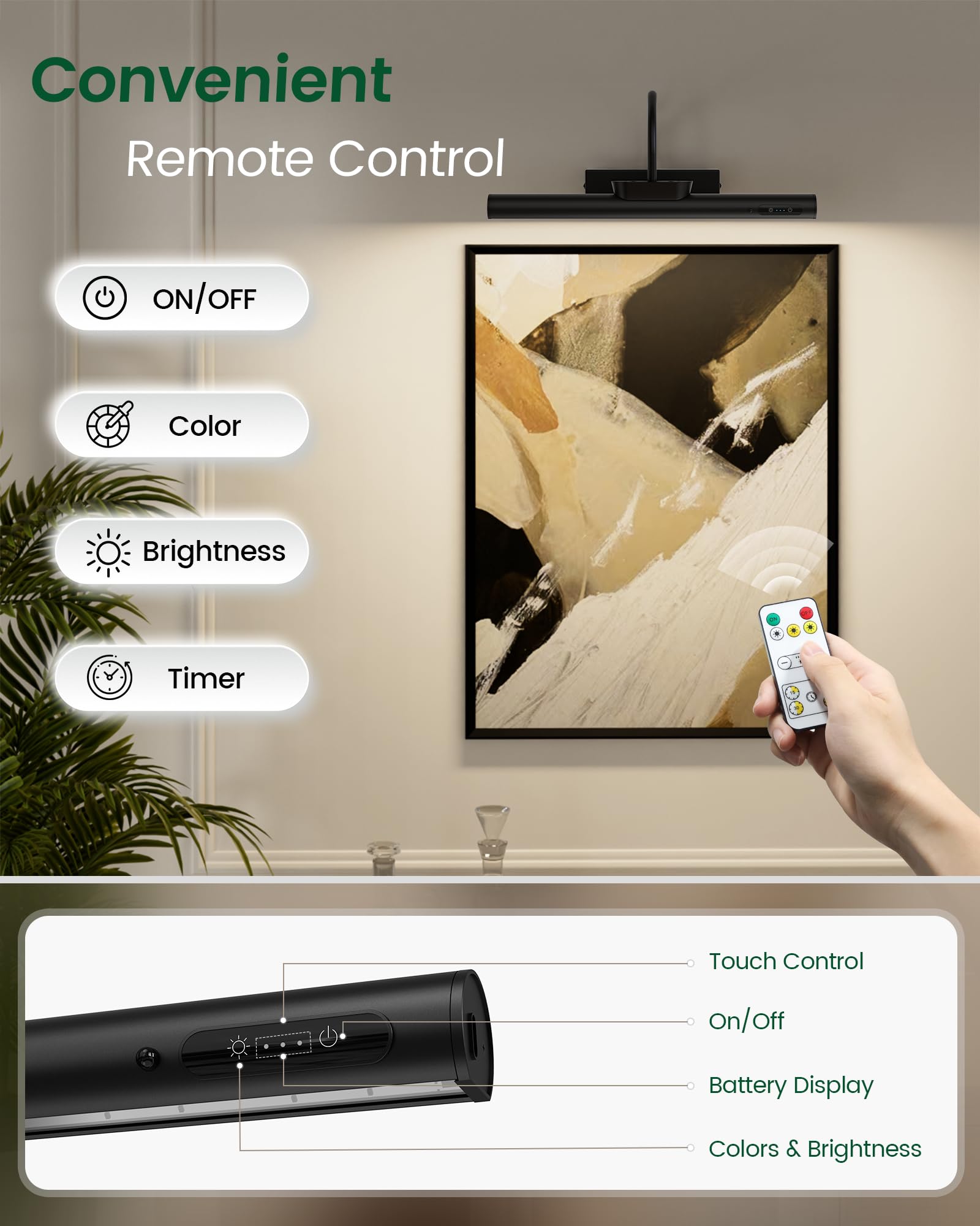 Bridika picture light timer display helps monitor runtime and battery level.