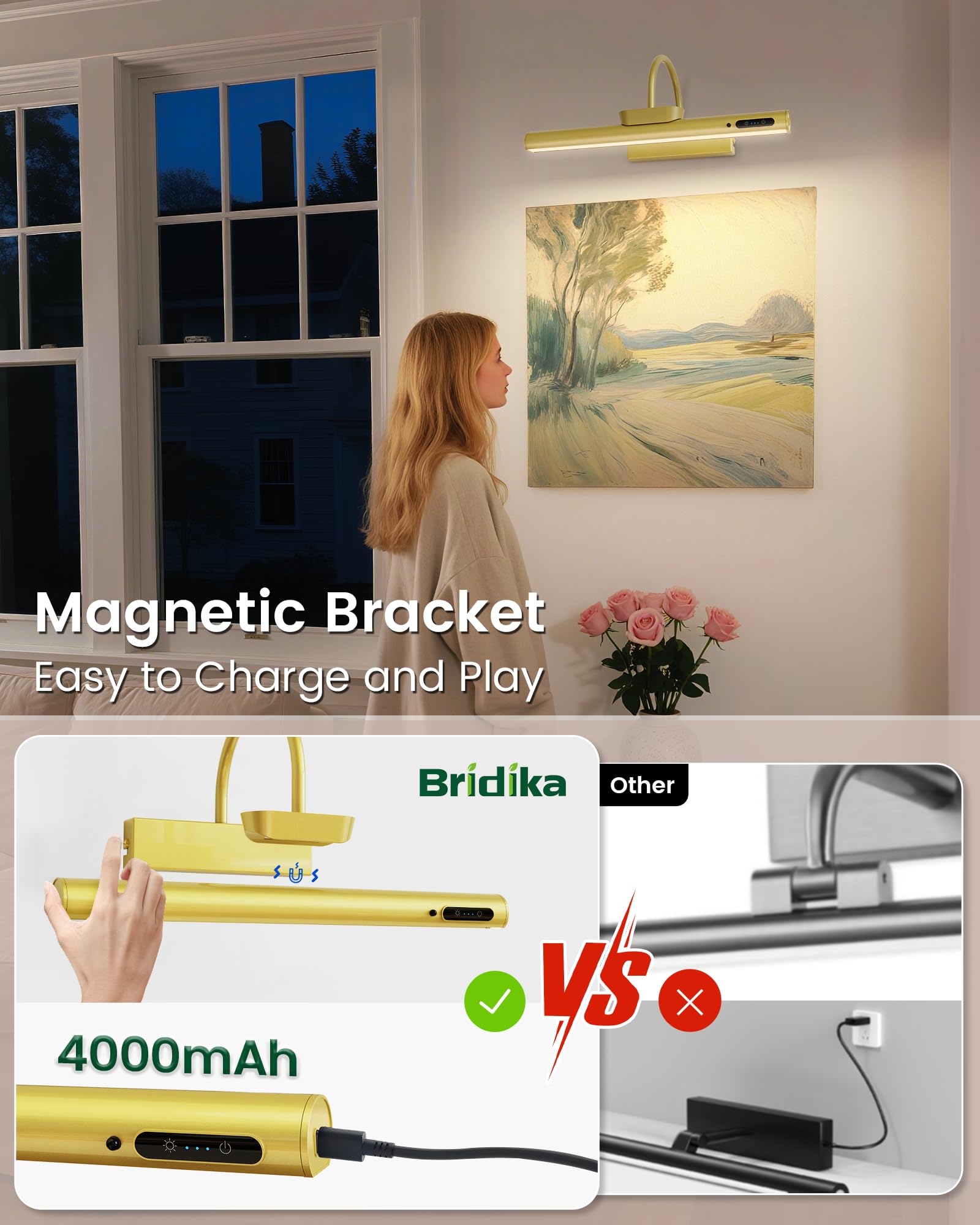 Bridika picture light charges via USB cable for convenient power on demand
