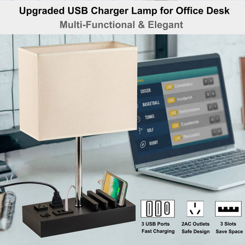 Briever bedside lamp with wooden phone stand organizer keeping nightstands tidy.