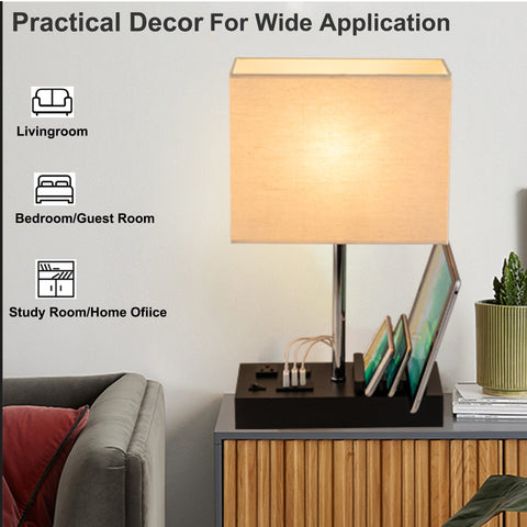 Briever nightstand lamp compact and organized, with built-in charging station.