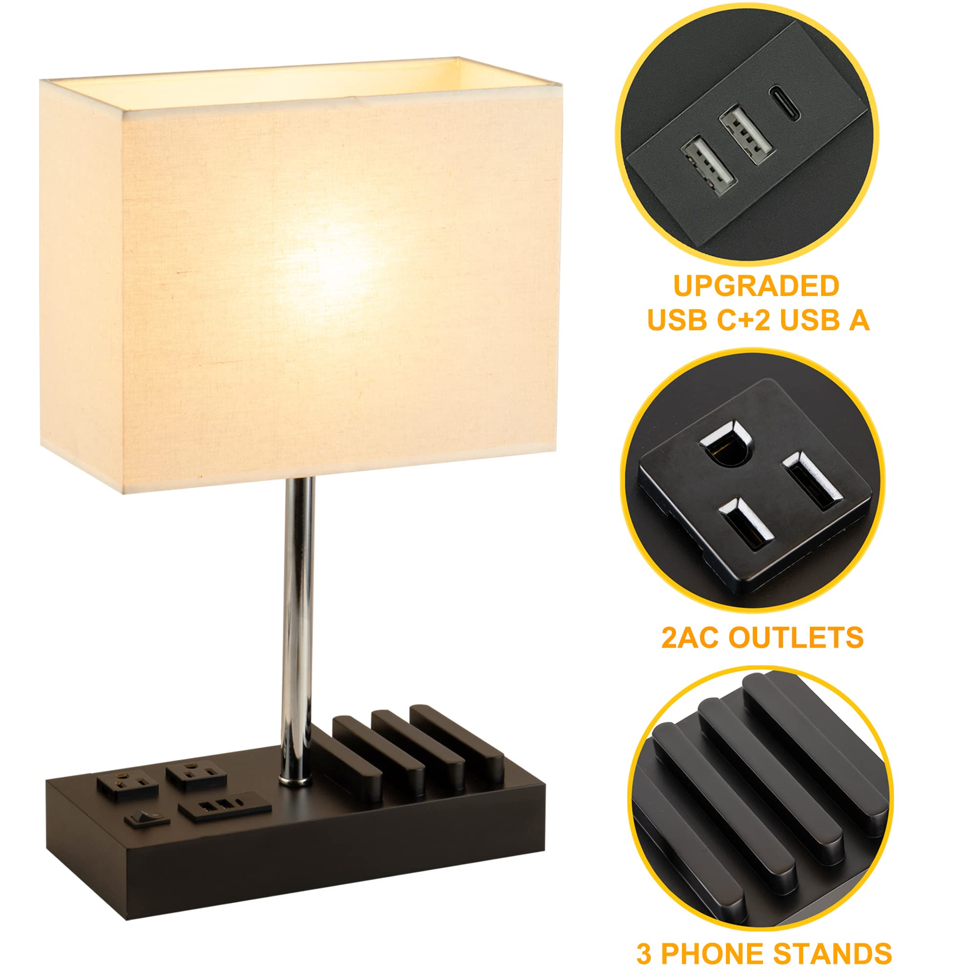 Briever lamp featuring two AC outlets on a wooden base for easy power access.
