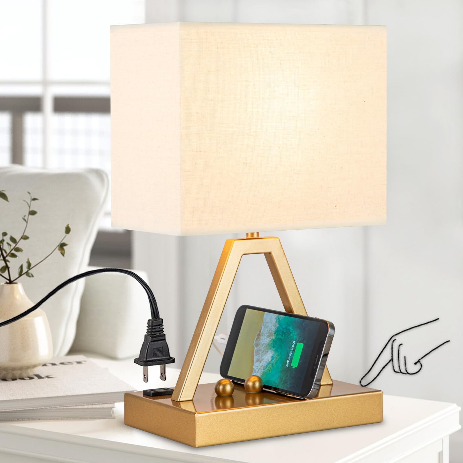 Briever touch-control table lamp in gold, front view showcasing the sturdy base.