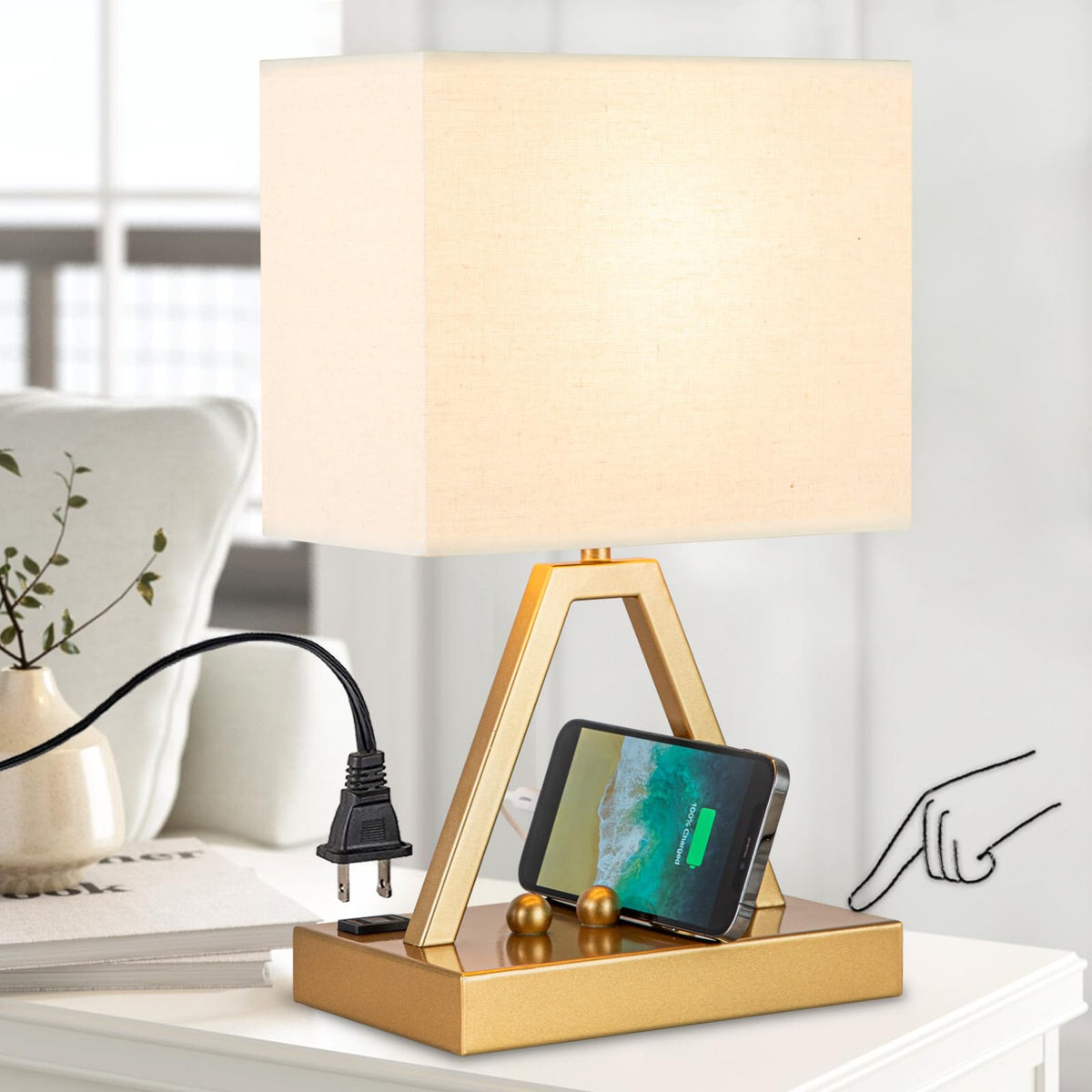 Briever touch-control table lamp in gold, front view showcasing the sturdy base.