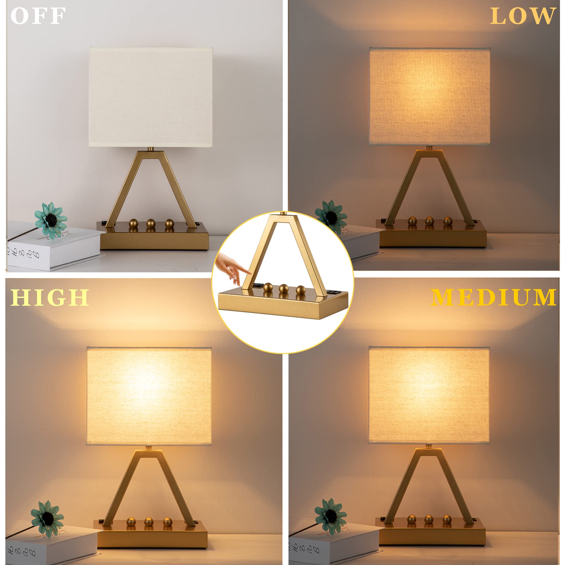 Briever gold lamp on a desk with built-in phone stand for charging.