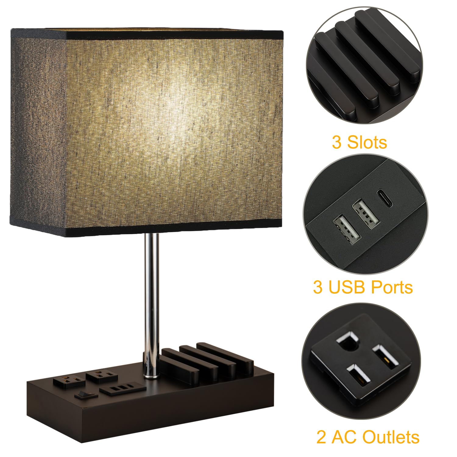 Briever table lamp with two AC outlets powering devices at desk.