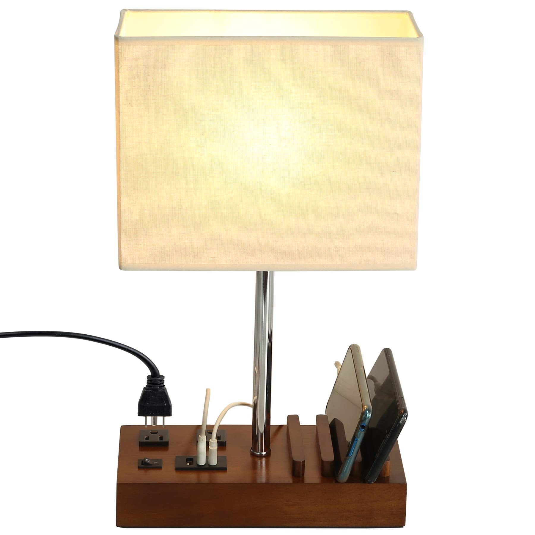 Briever USB table lamp with dual outlets for convenient bedside charging.