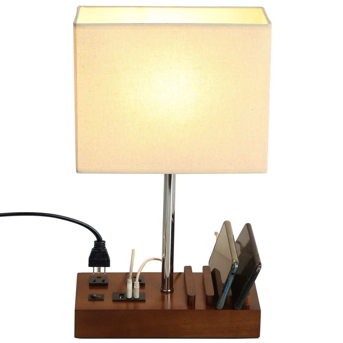 Briever USB table lamp with dual outlets for convenient bedside charging.