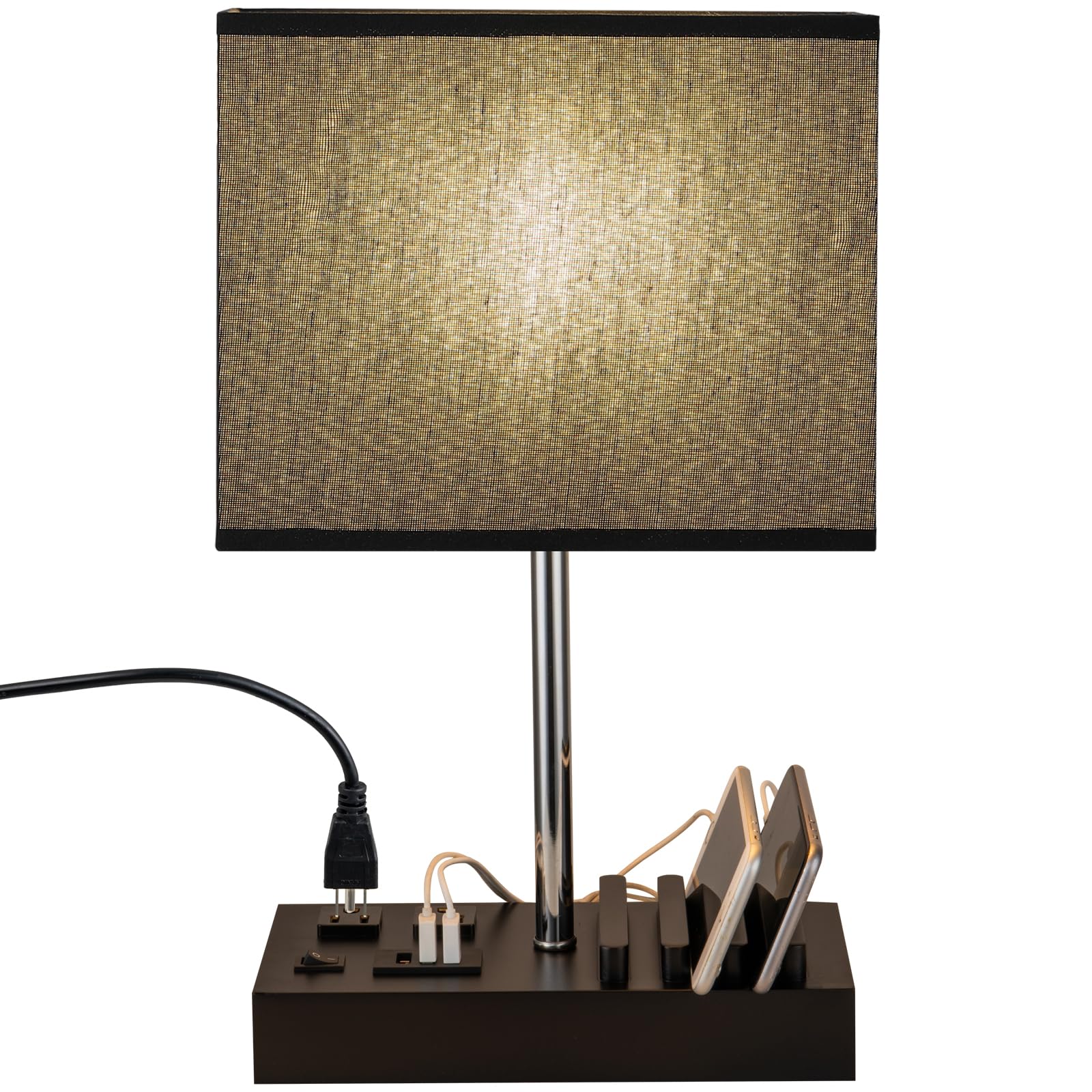 Briever USB Table Lamp with three USB ports at bedside.