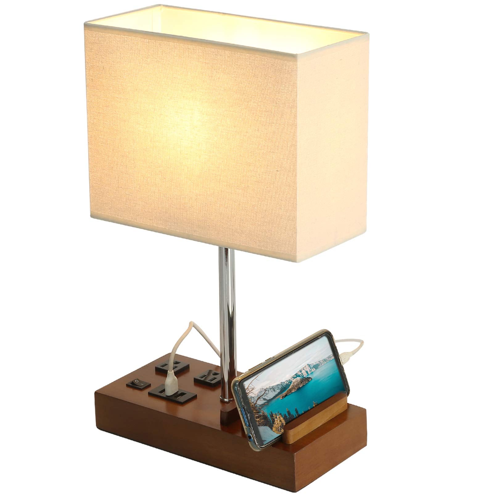 Briever lamp features solid wood station with natural texture.