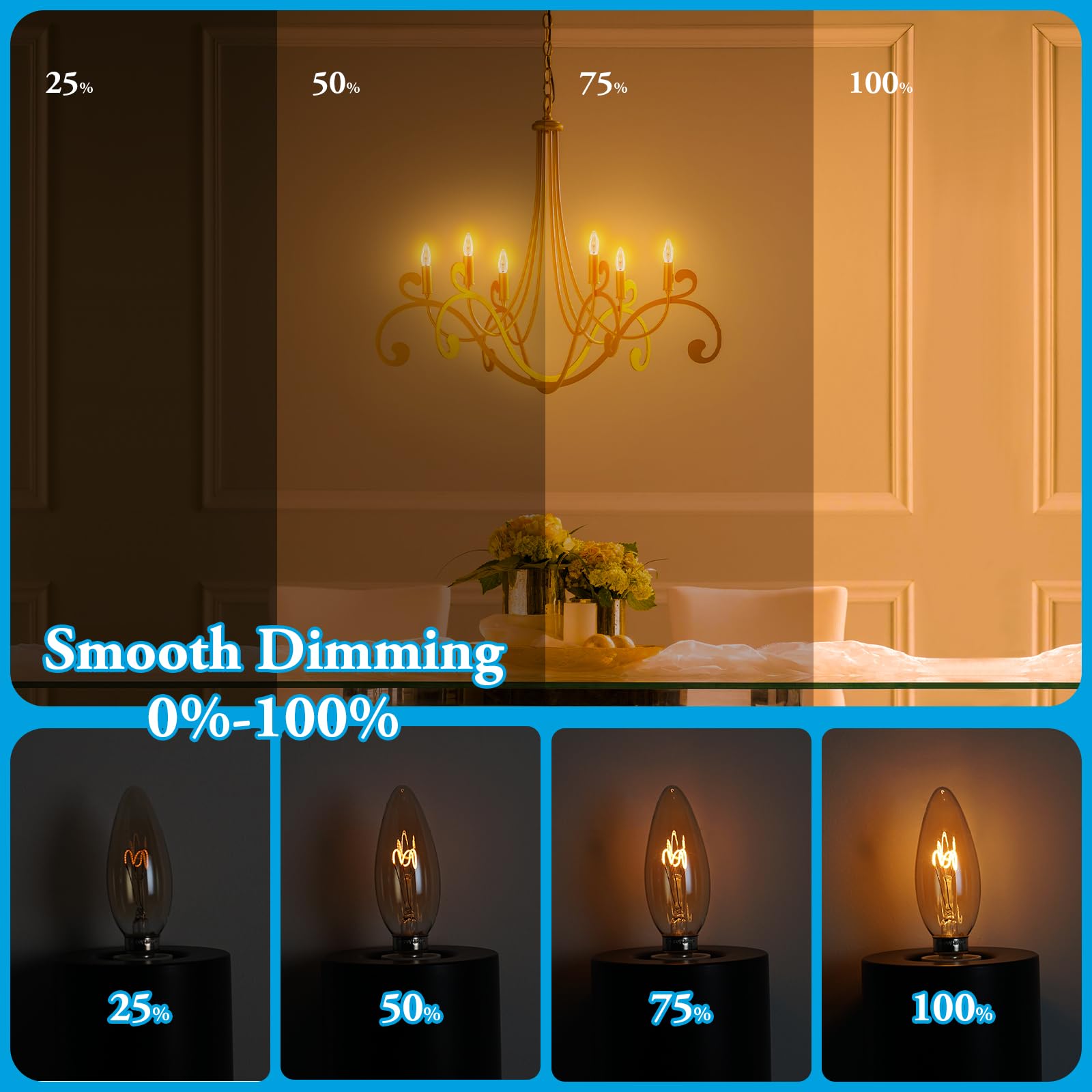 Soft warm glow enhances dining and living spaces beautifully