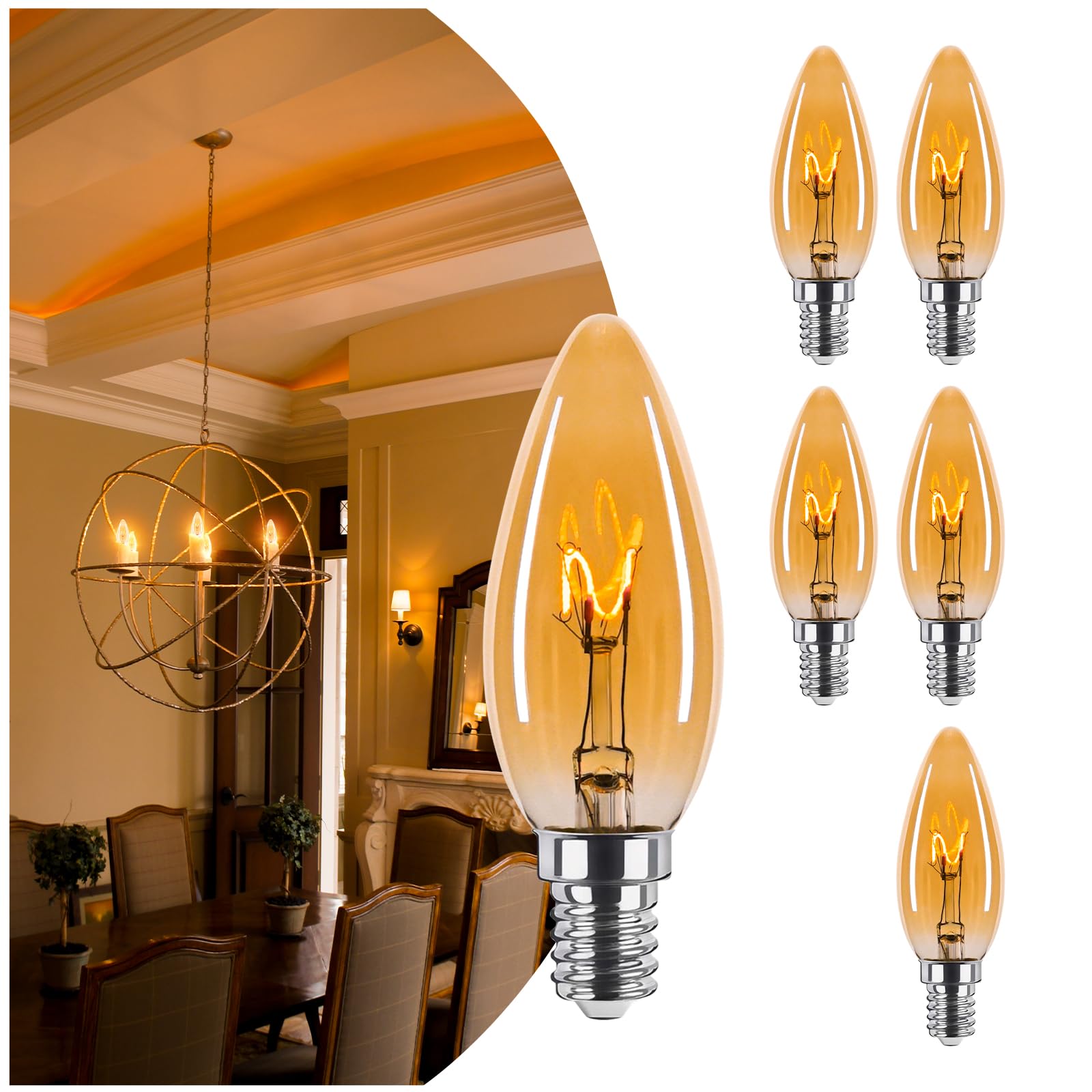Brighfivey amber candelabra bulb with ultra-fine filament for vintage charm