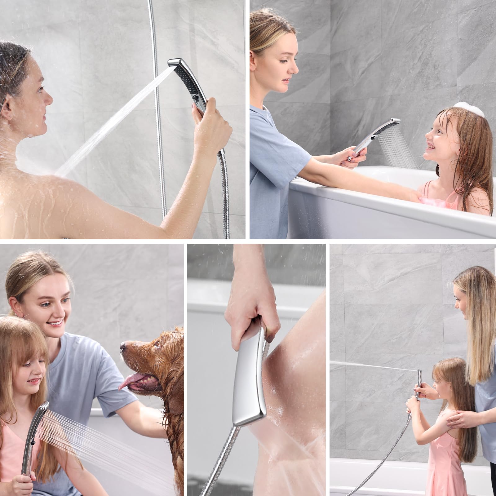 Bright Showers 60-inch stainless hose offers flexible, easy maneuverability.