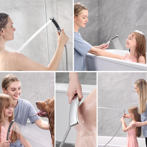 Bright Showers 60-inch stainless hose offers flexible, easy maneuverability.