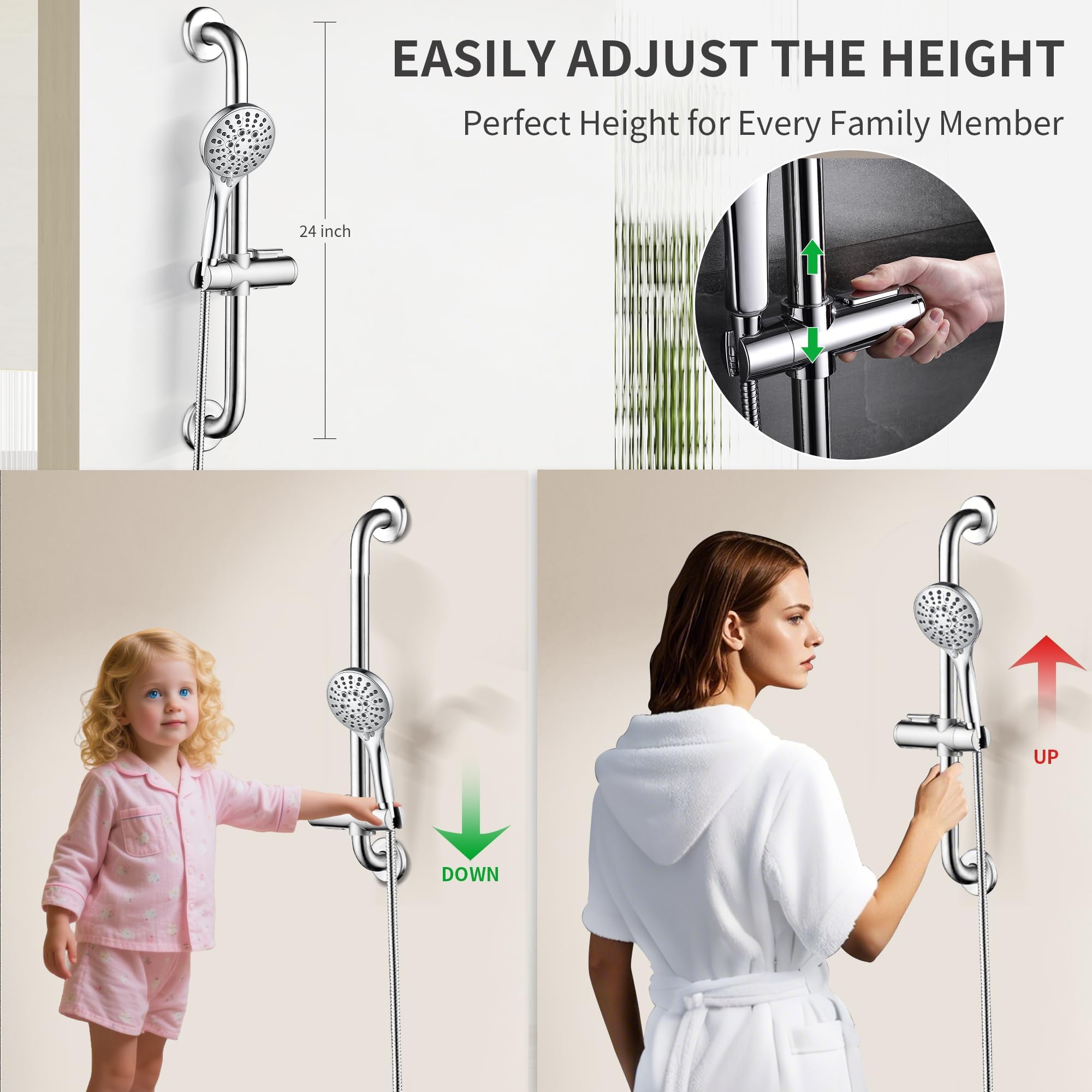 BRIGHT SHOWERS 69-inch hose provides extended reach for easier rinsing.