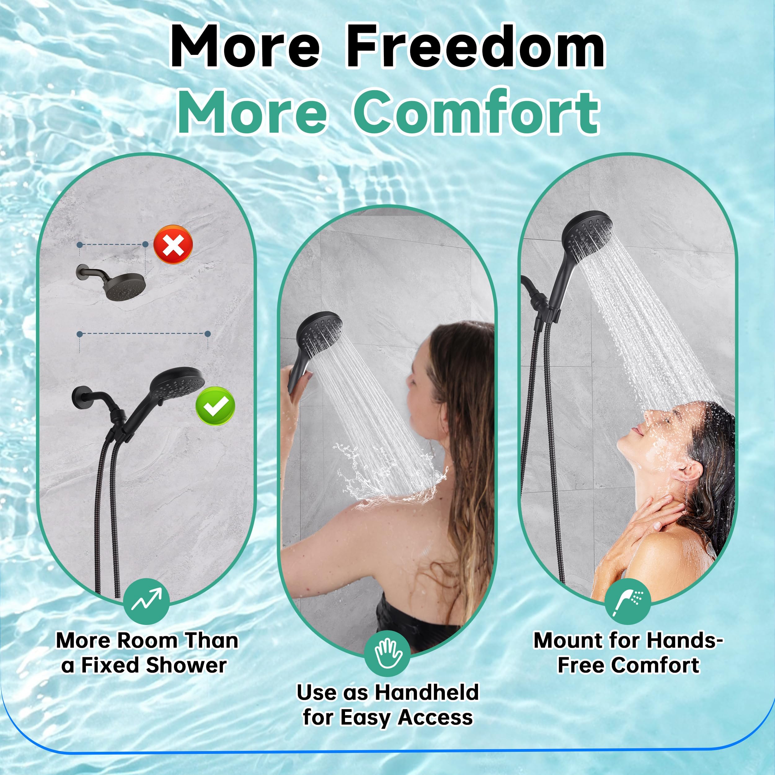 Bright Showers 69-inch hose gives extra reach for easier cleaning and tub rinsing.