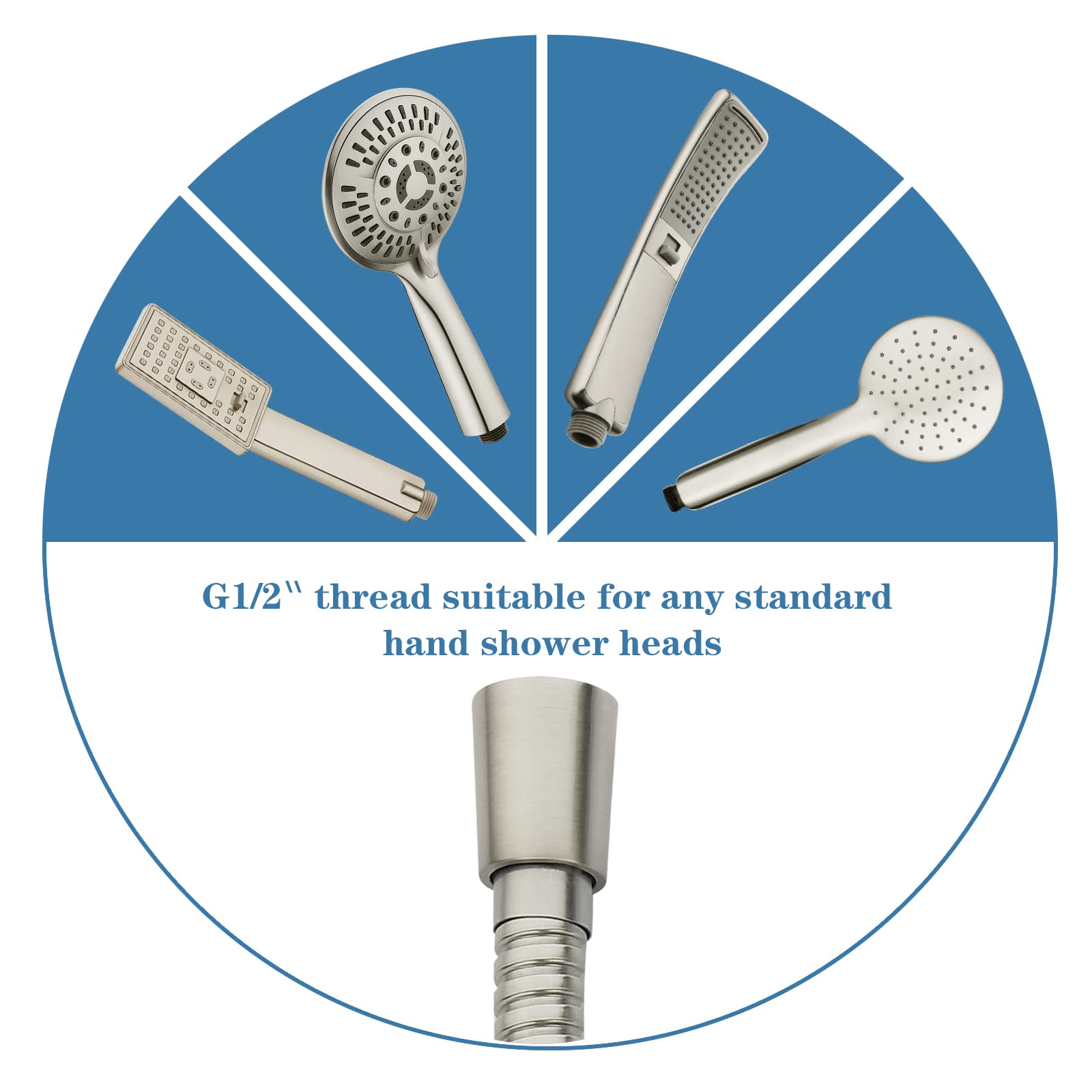 BRIGHT SHOWERS brushed nickel finish — stylish, corrosion-resistant look.