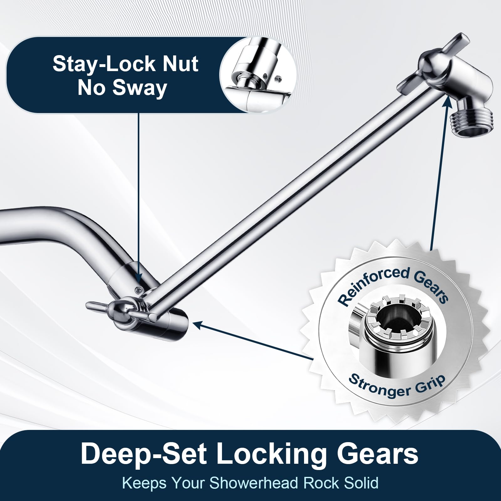BRIGHT SHOWERS chrome finish close-up shows corrosion resistance and easy cleaning.