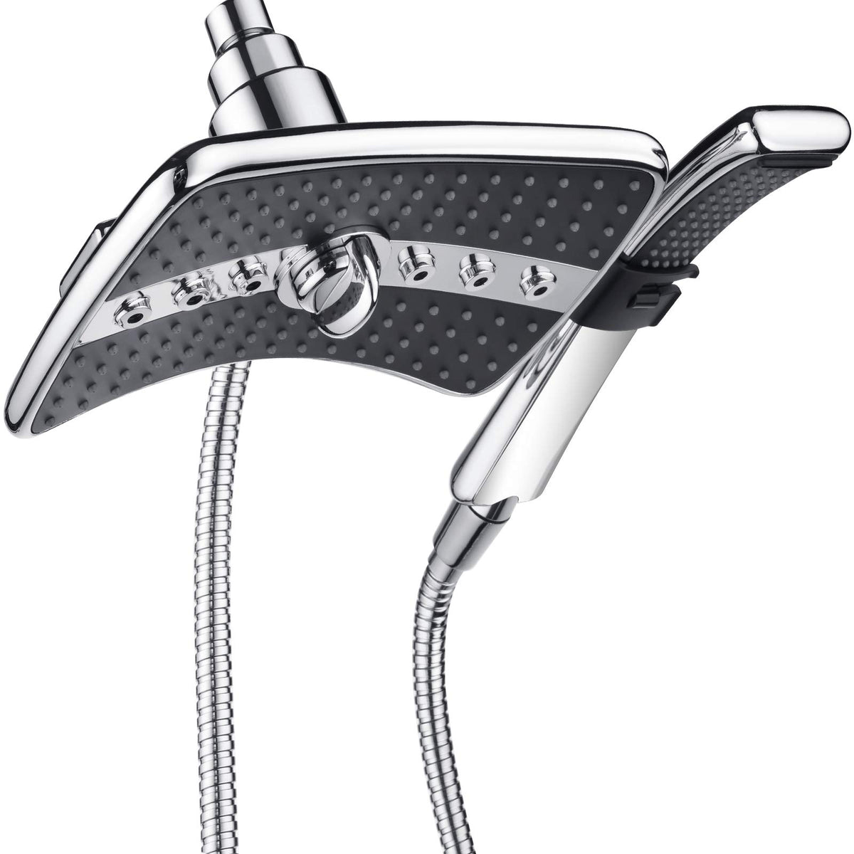 Bright Showers dual shower head with front switch for easy one-handed control.