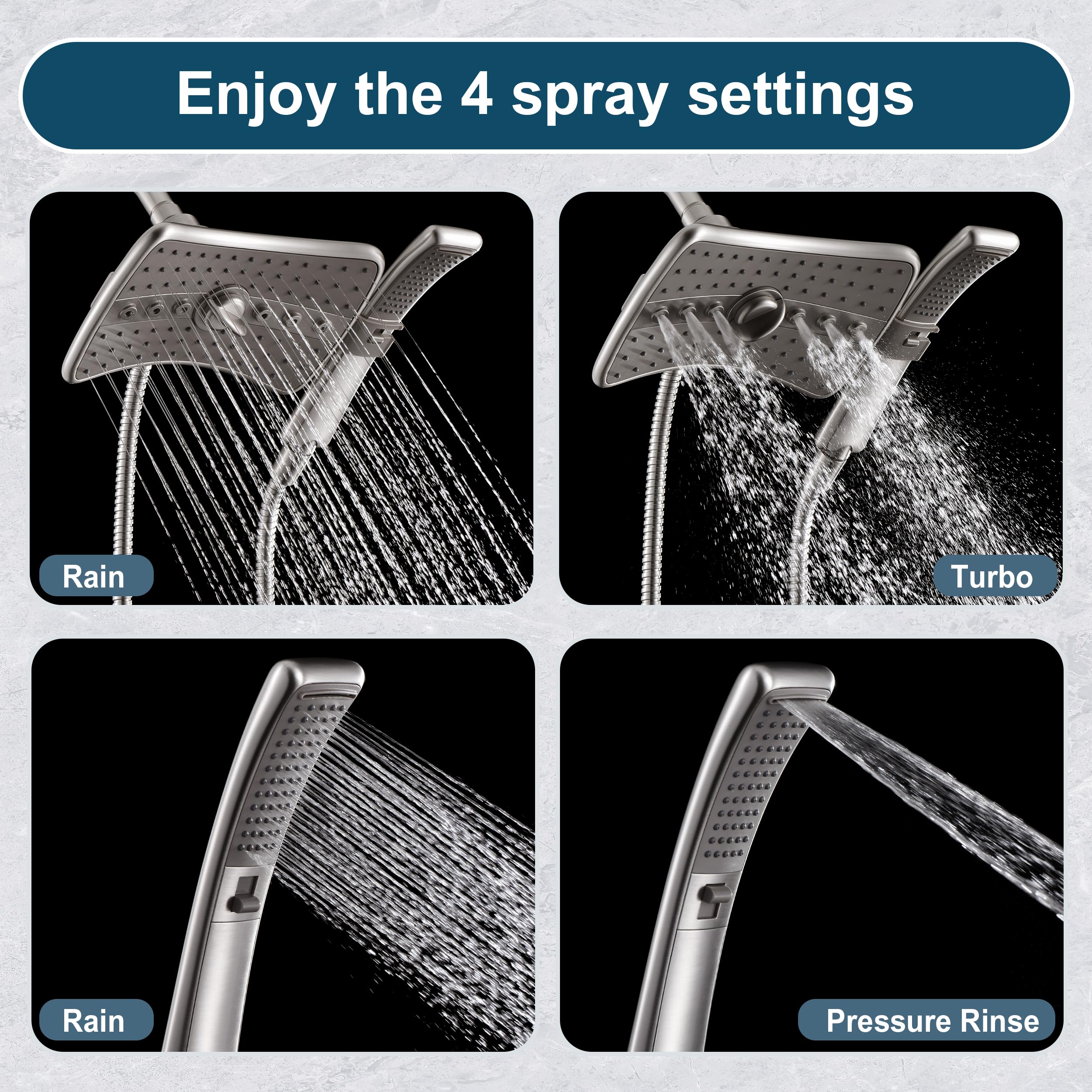 BRIGHT SHOWERS handheld shower with gray face offers flexible spray options for targeted rinsing