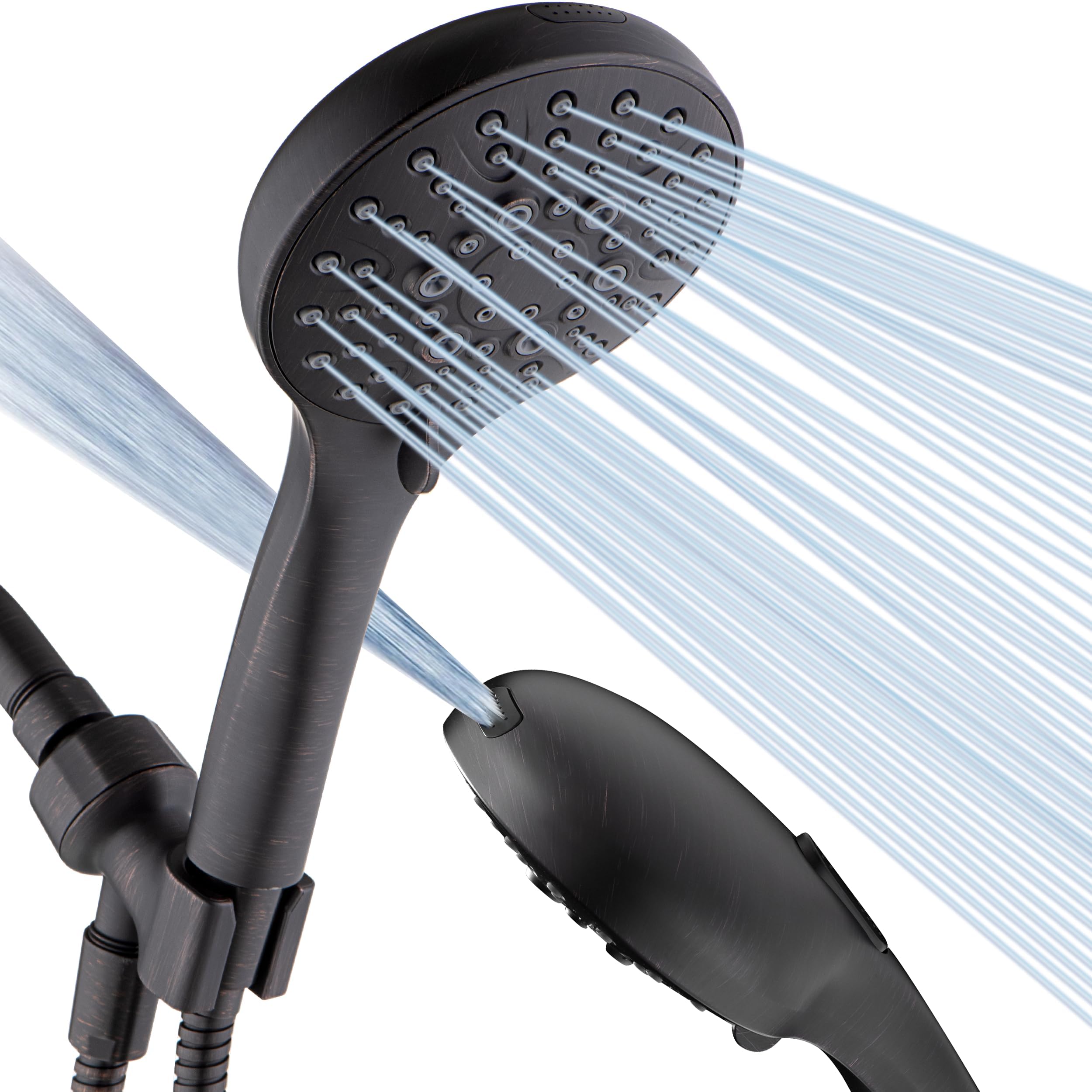 Bright Showers high pressure handheld head for a powerful rinse and easy maneuverability.