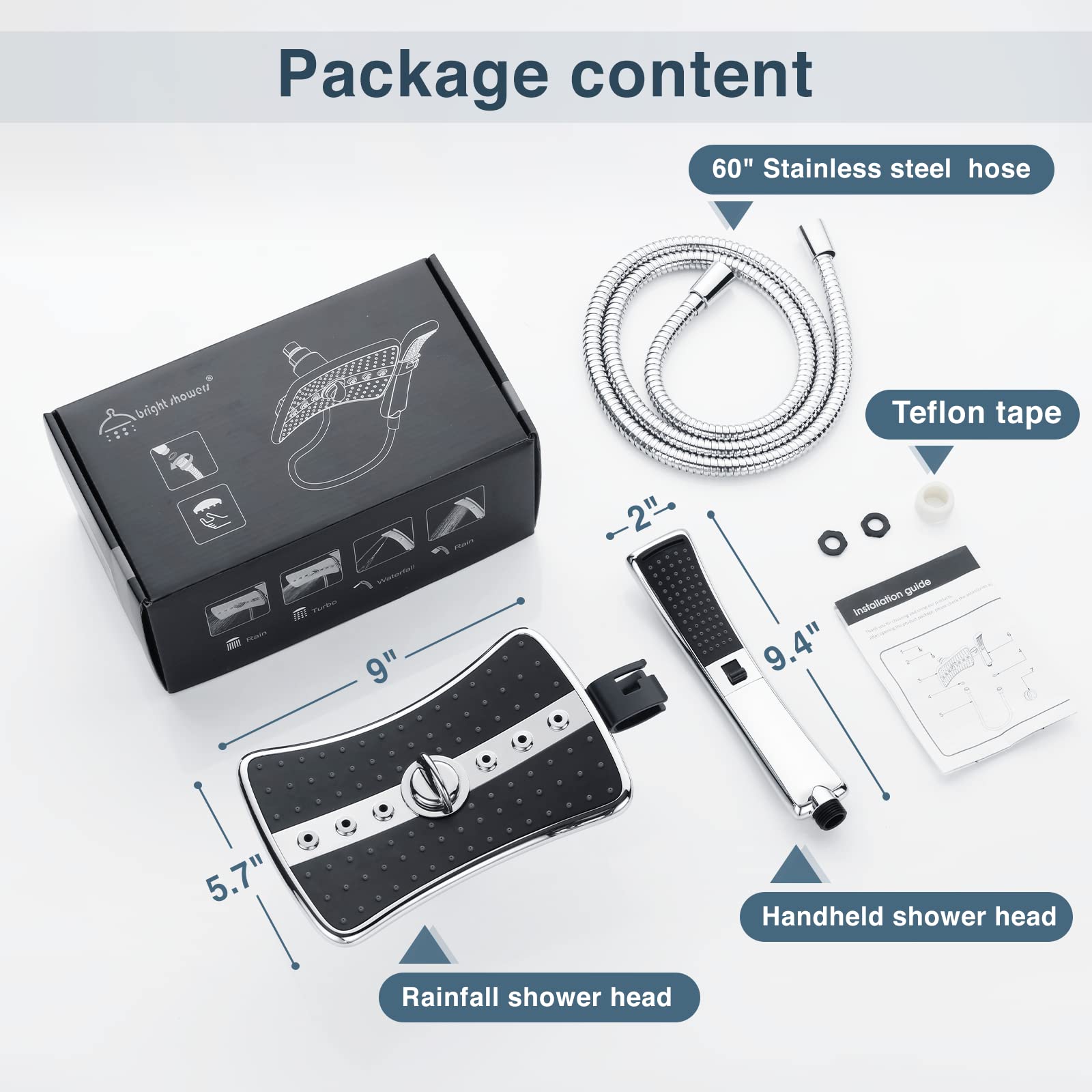 Bright Showers packaging shows included heads and hose for easy setup