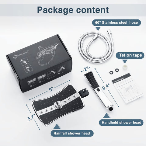 Bright Showers packaging shows included heads and hose for easy setup