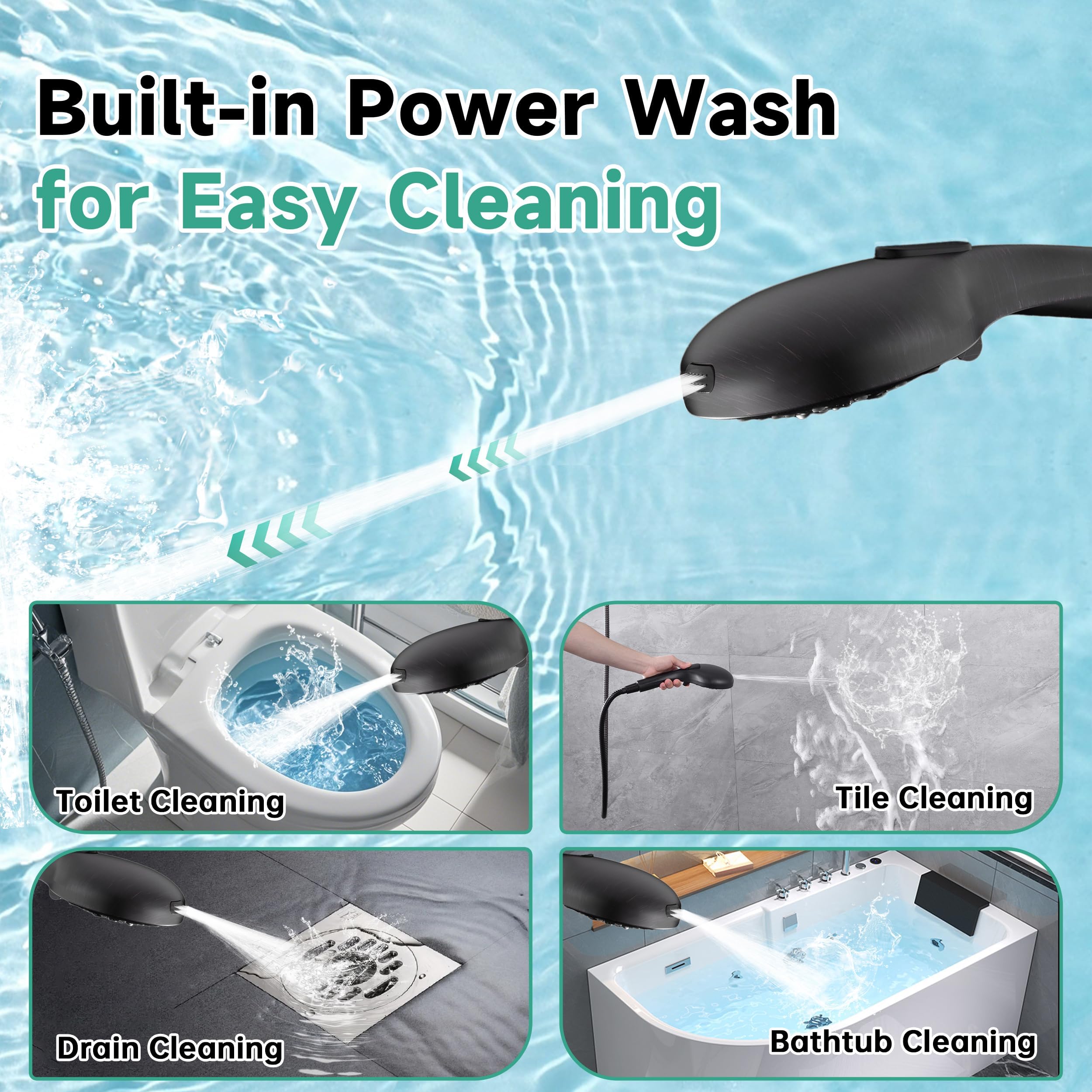 Bright Showers power wash mode blasts away soap scum and residue effortlessly.