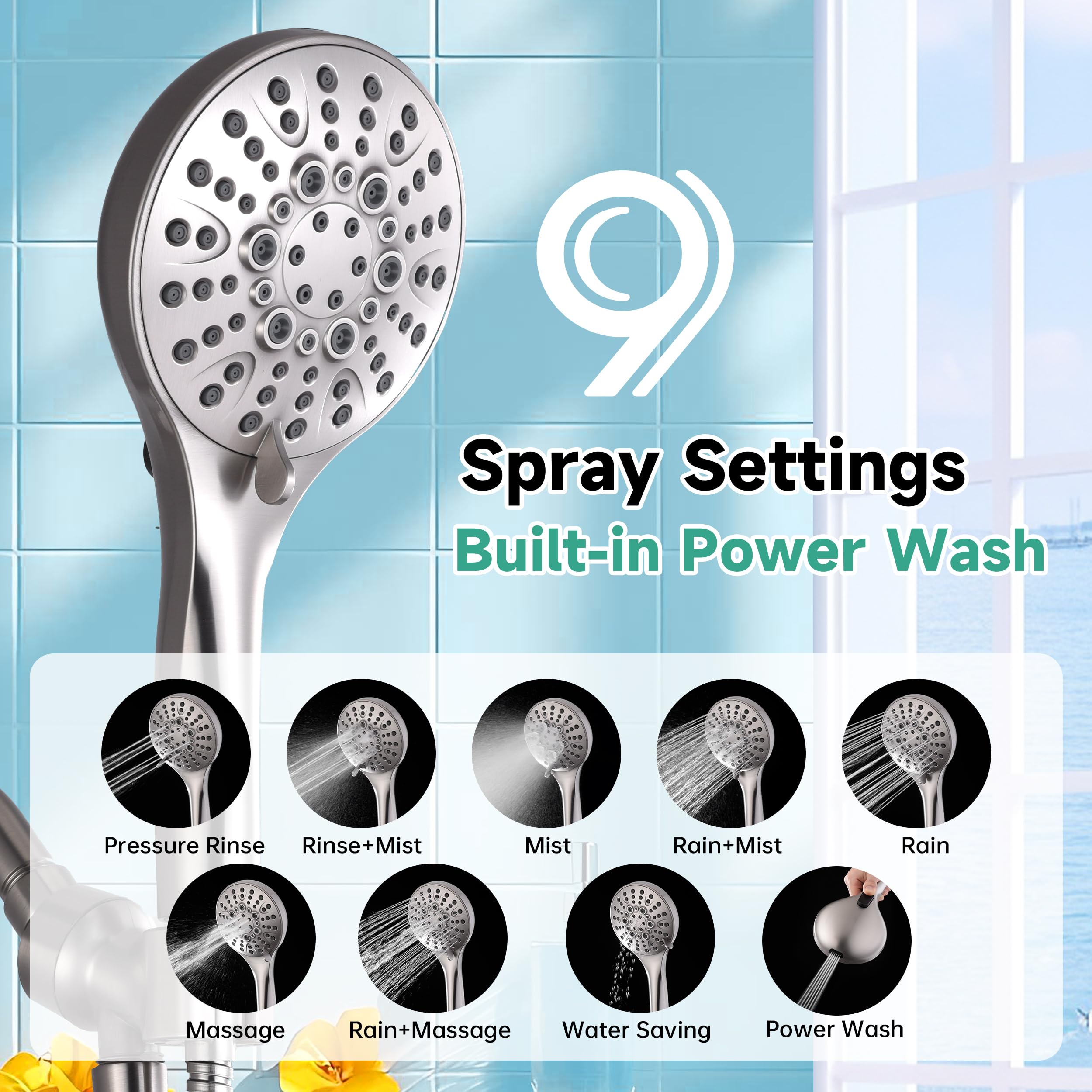 Bright Showers power wash mode clears soap scum effectively