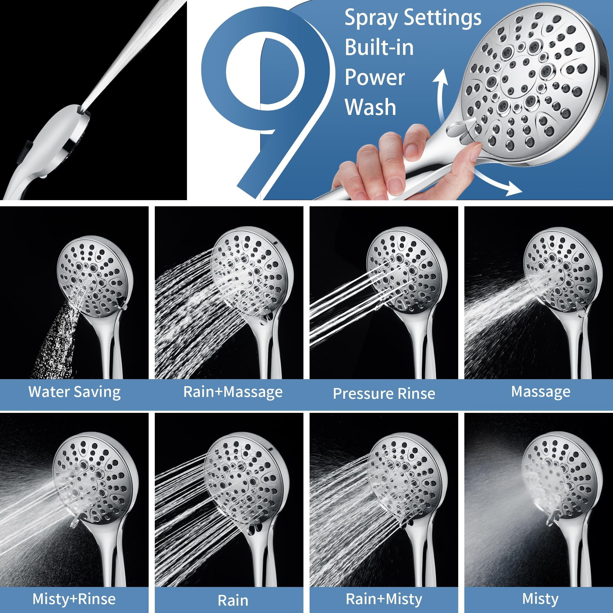 BRIGHT SHOWERS slide bar height adjustment allows customized shower height.