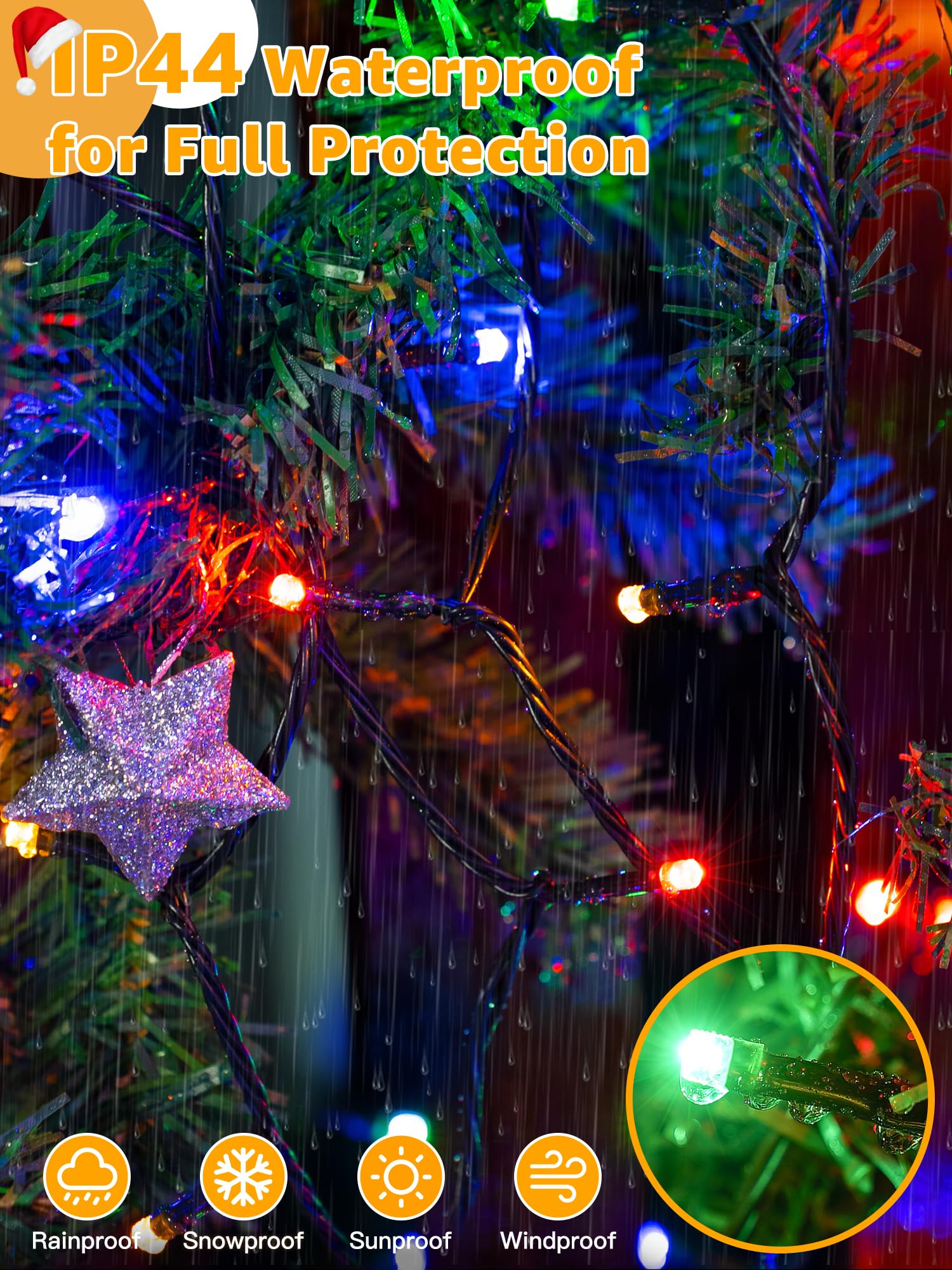 BrightChristmas IP44 waterproof lights ensure outdoor durability in weather.