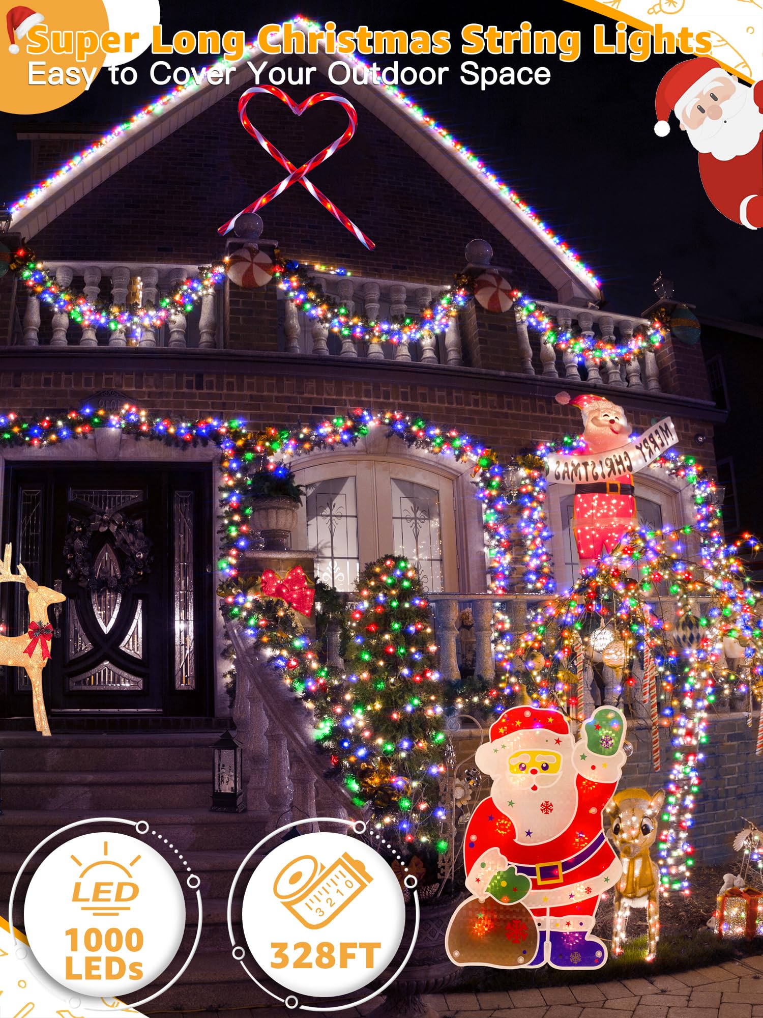 BrightChristmas outdoor string lights with 1000 LEDs for bright holiday ambience.