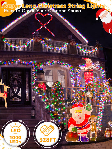 BrightChristmas outdoor string lights with 1000 LEDs for bright holiday ambience.