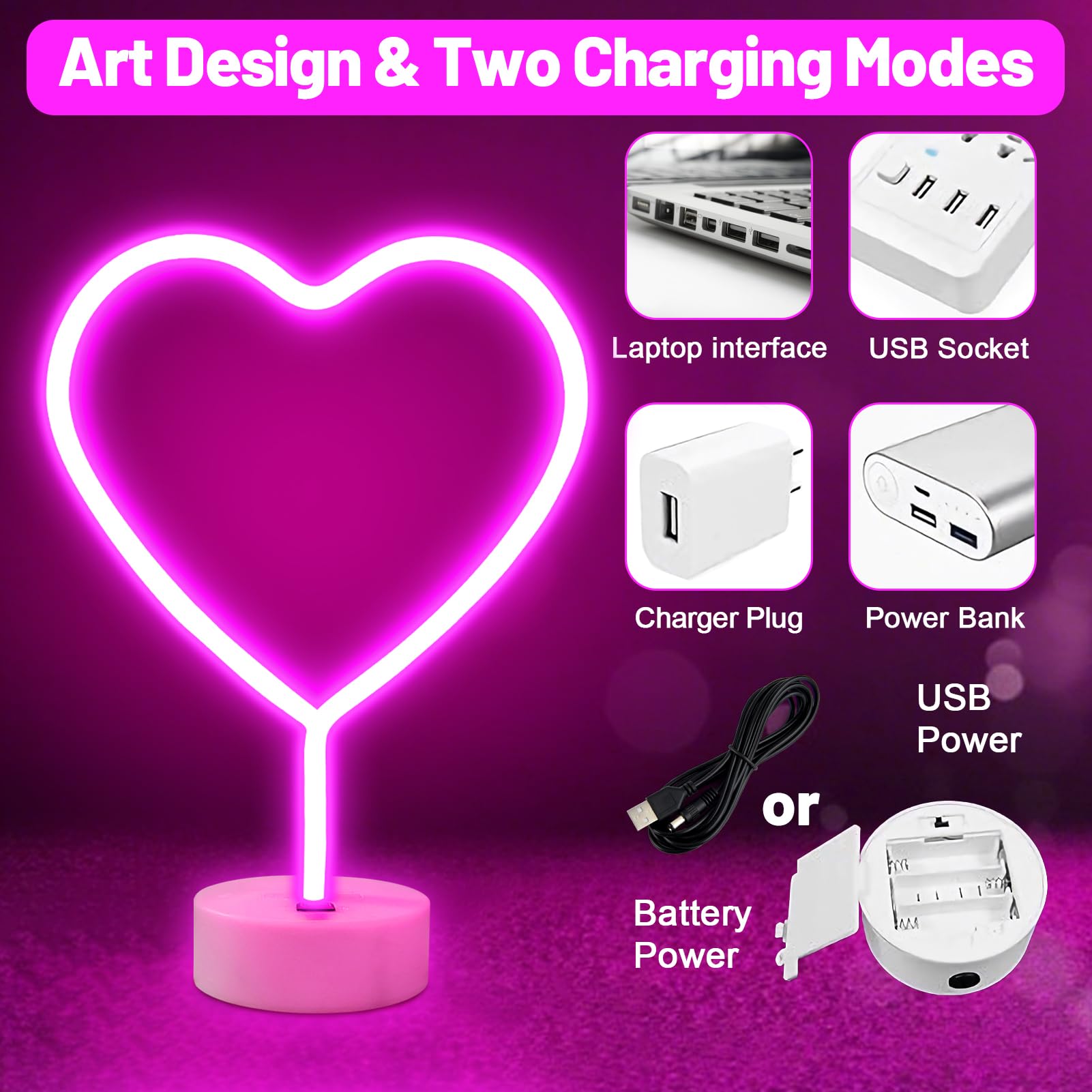 BRIGHTDECK pink heart neon sign battery powered for portable use.