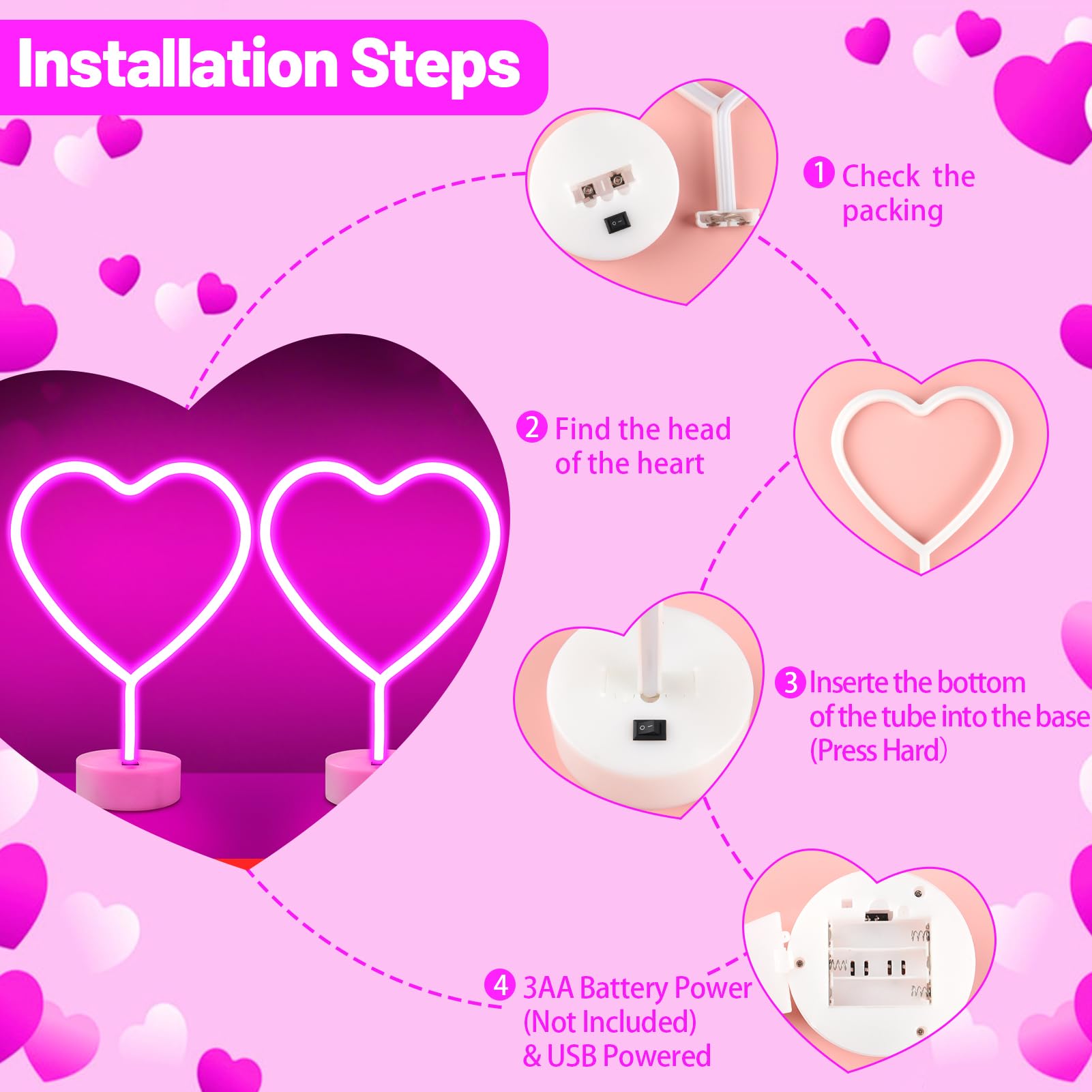 BRIGHTDECK pink heart neon sign USB powered for easy setup.