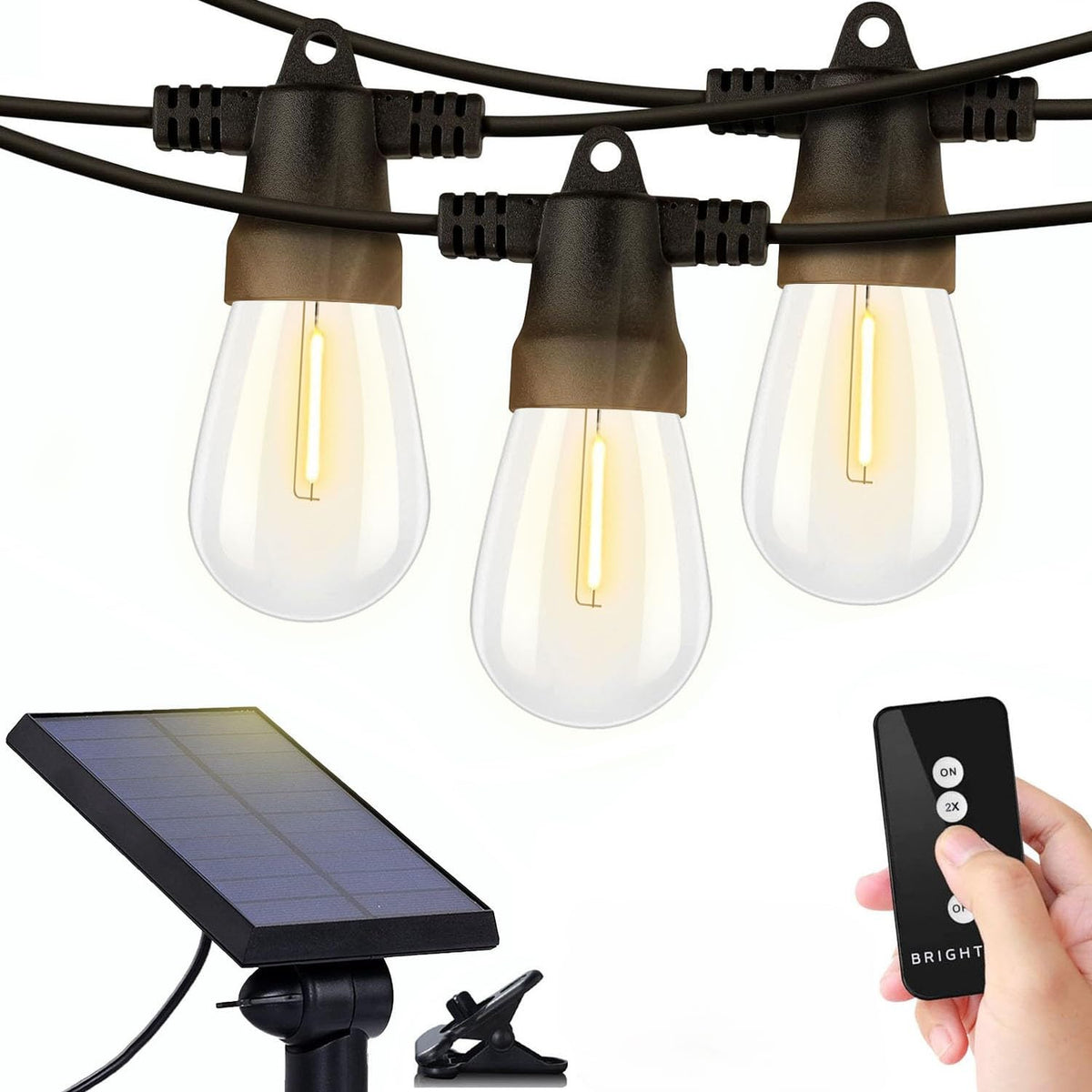 Brightech Ambience Pro 27ft outdoor string lights over a pergola create a warm, cafe-style glow.