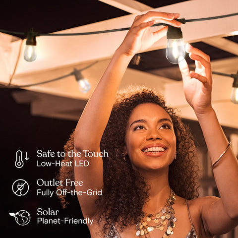 Brightech Ambience Pro canopy over patio creates cozy ambiance.