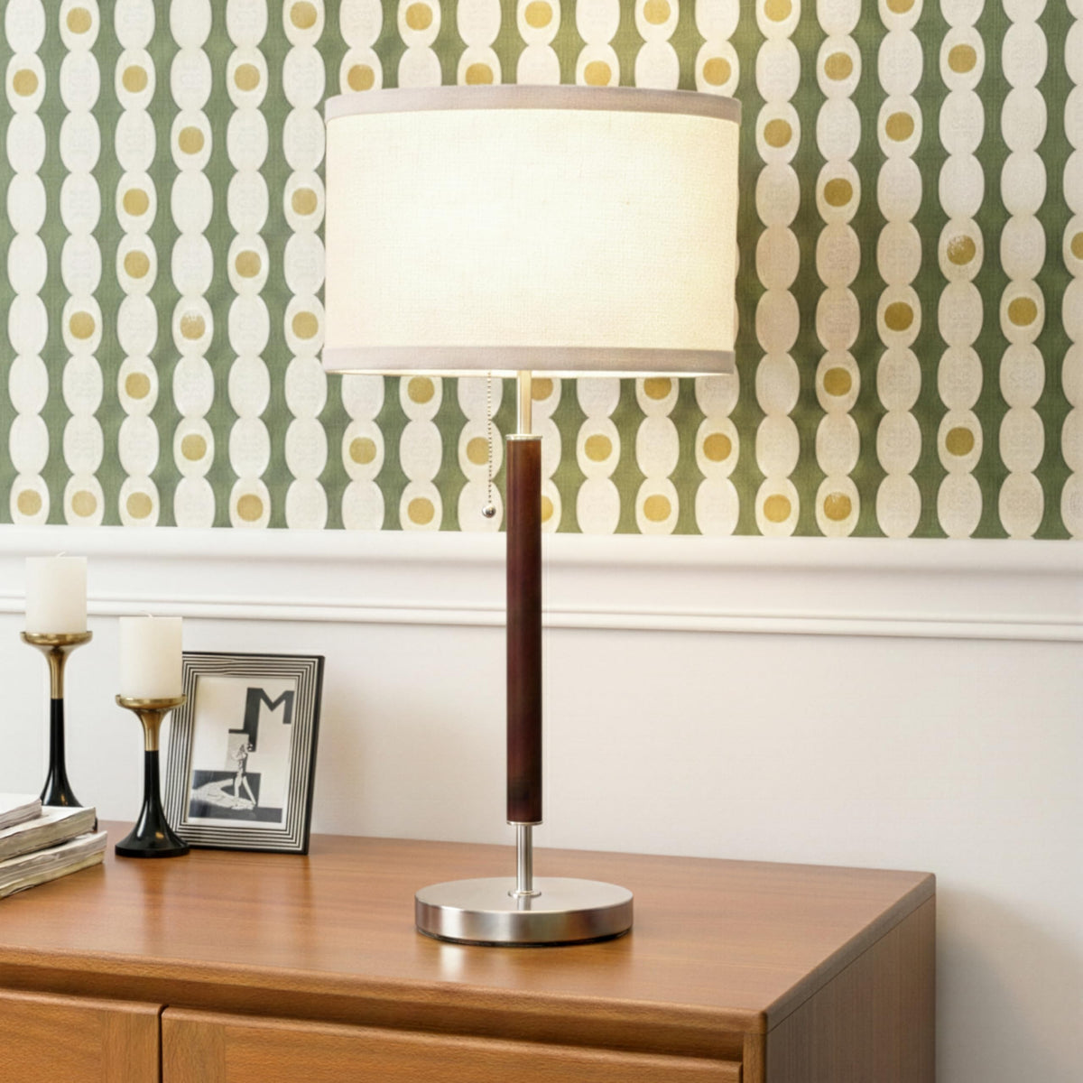Brightech Carter bedside lamp with walnut finish delivers warm ambient lighting for bedrooms.