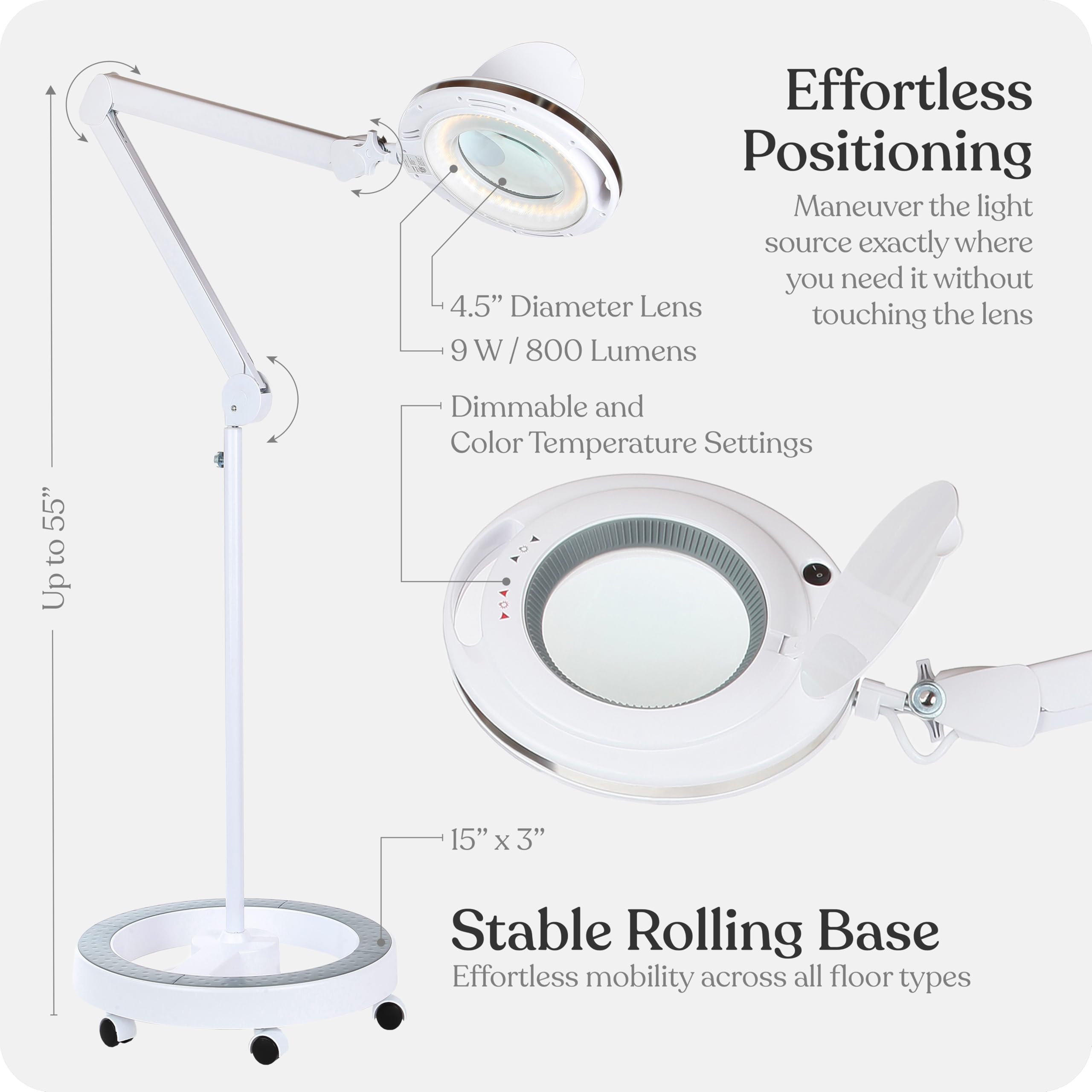Brightech LightView Pro six-wheel rolling base enables easy repositioning across stations.