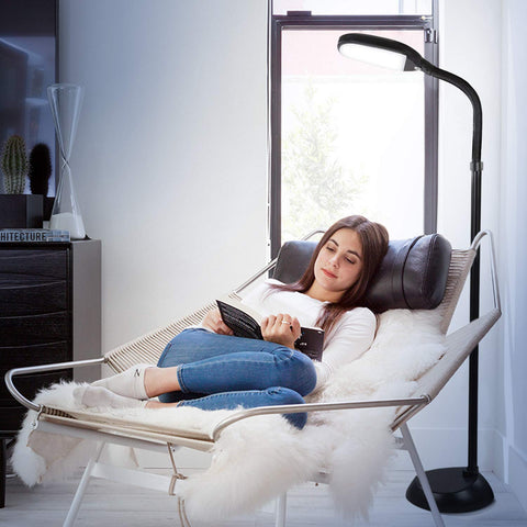 Brightech Litespan fits slim corner beside chair for living room lighting