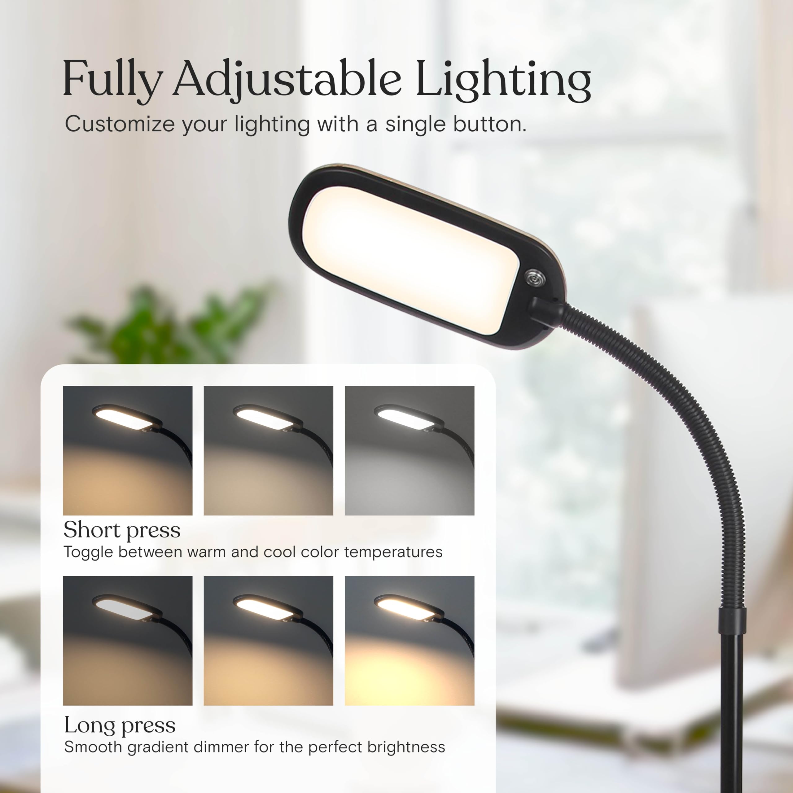 Brightech Litespan Slim color temperature adjusts from warm to daylight.