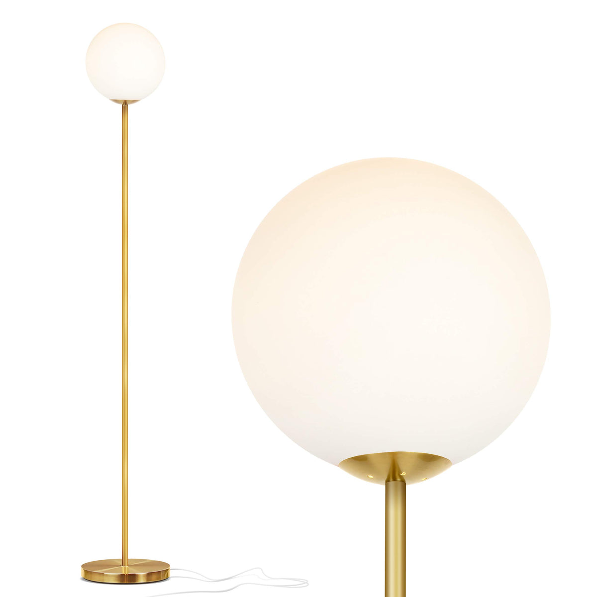 Brightech Luna floor lamp with brass frosted globe for elegant living room lighting.