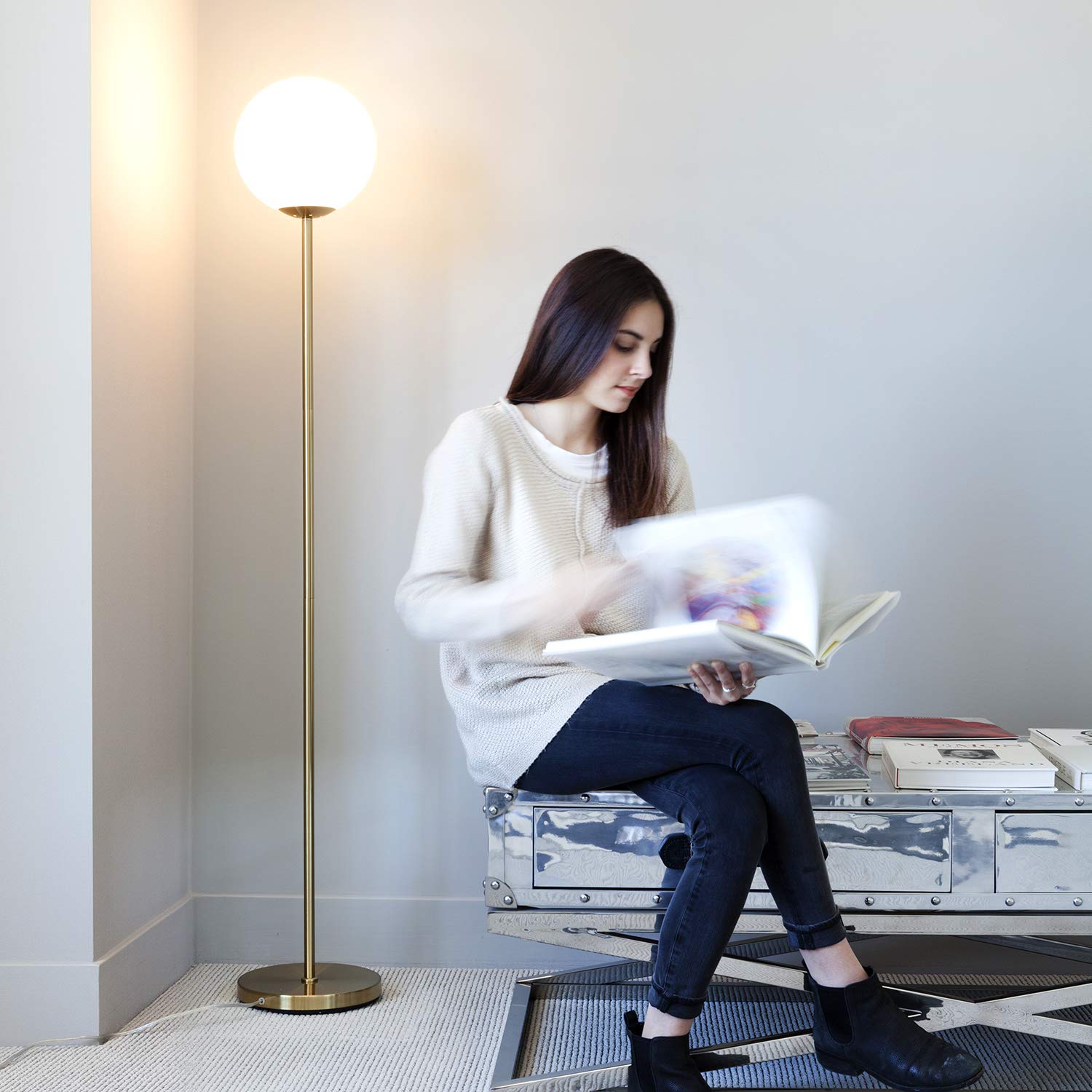 Brightech Luna floor lamp offers warm white LED glow for reading.