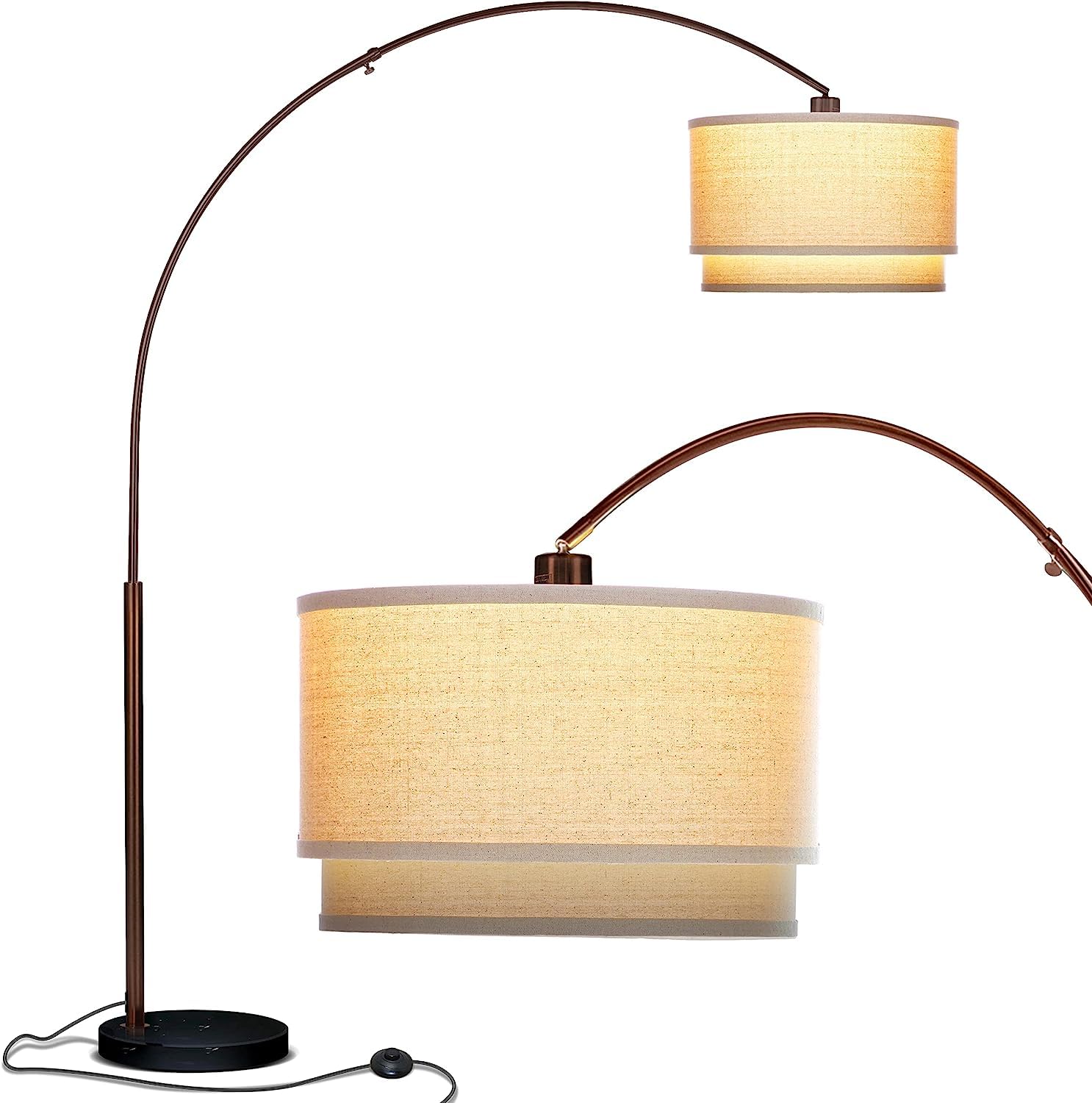 Brightech Mason Arc Lamp with marble base provides stable, stylish corner lighting.