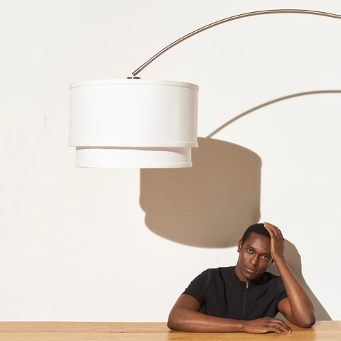 Brightech Mason Arc Lamp compatible with Alexa and Google Home via smart outlet.